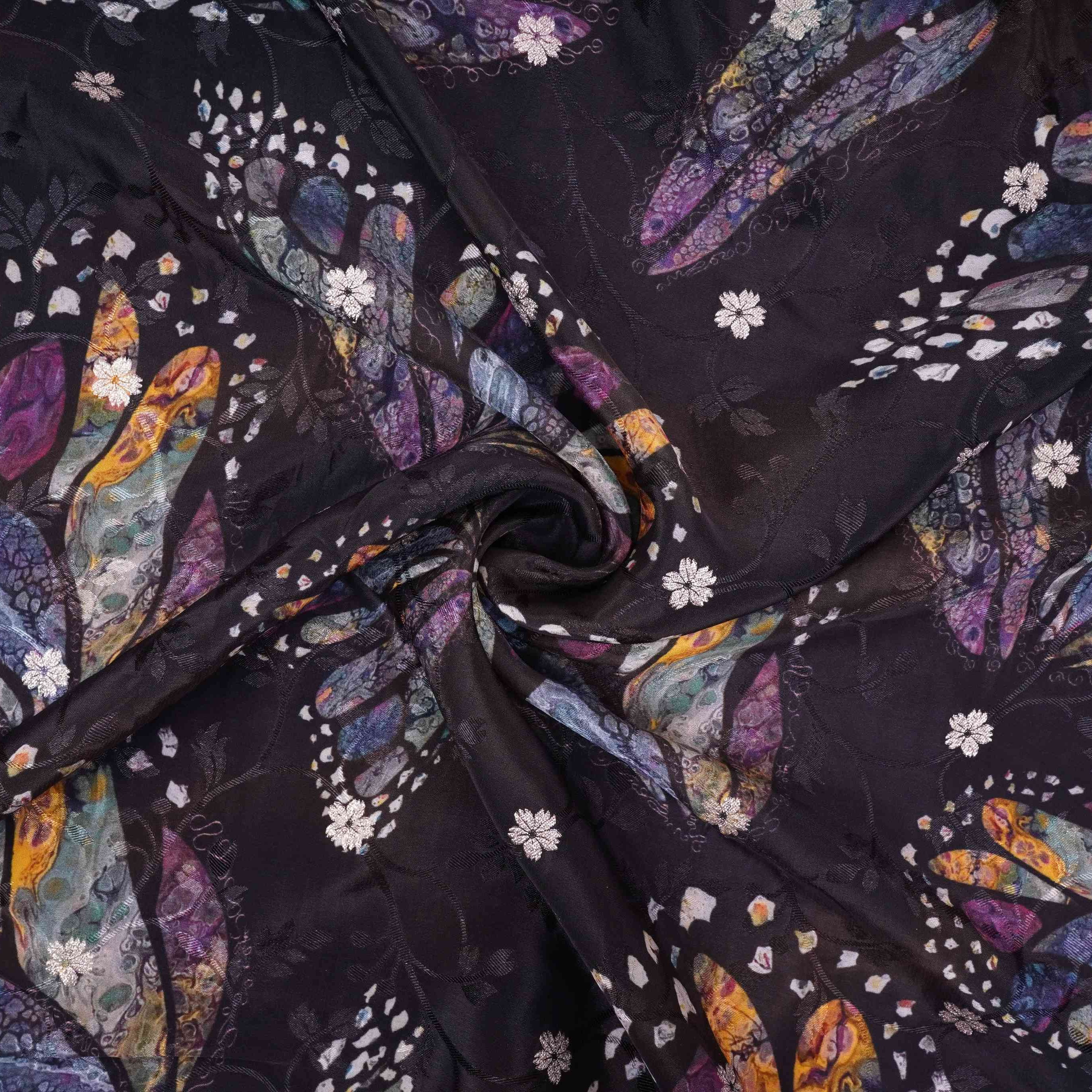 Black Abstract zari jacquard Pure Bemberg Crepe Fabric MTF-31801 - TradeUNO