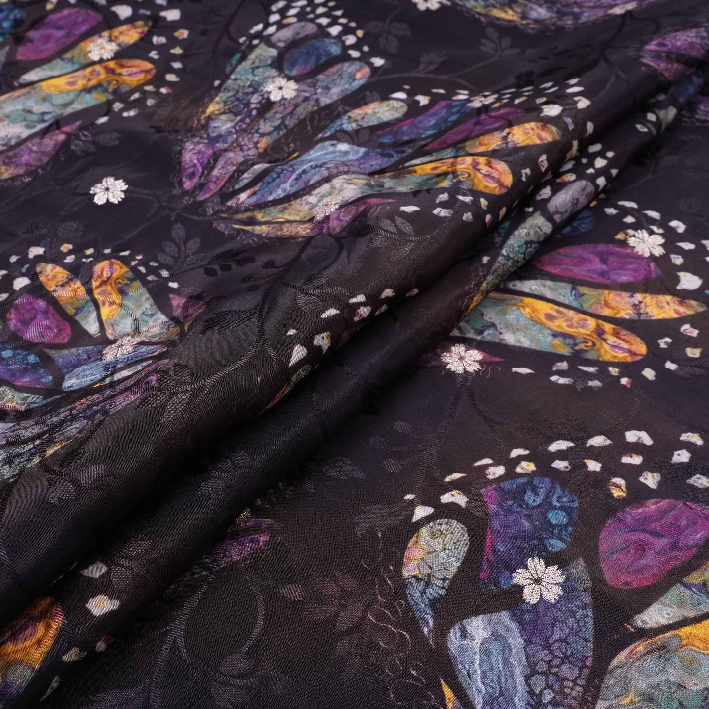 Black Abstract zari jacquard Pure Bemberg Crepe Fabric MTF-31801