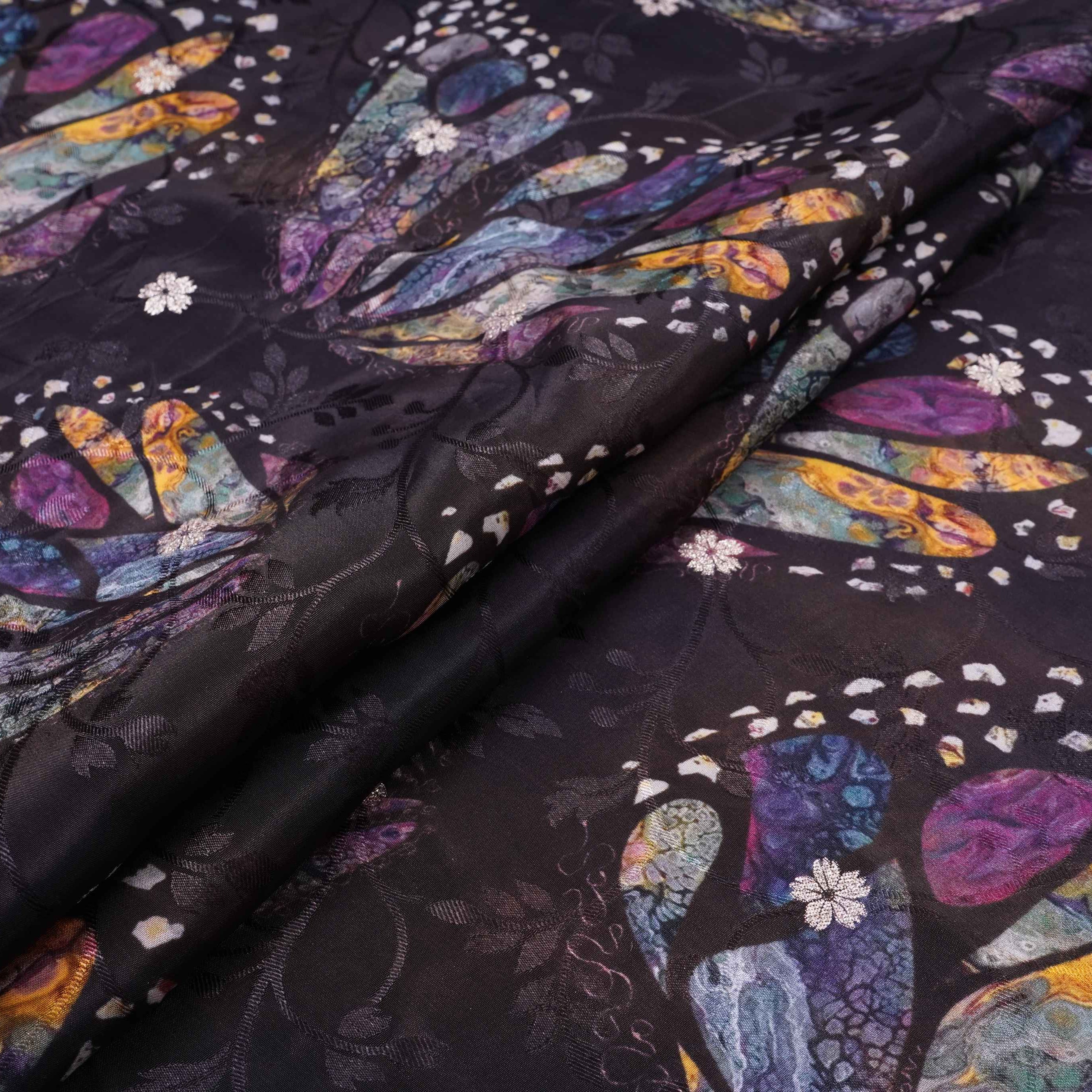 Black Abstract zari jacquard Pure Bemberg Crepe Fabric MTF-31801 - TradeUNO