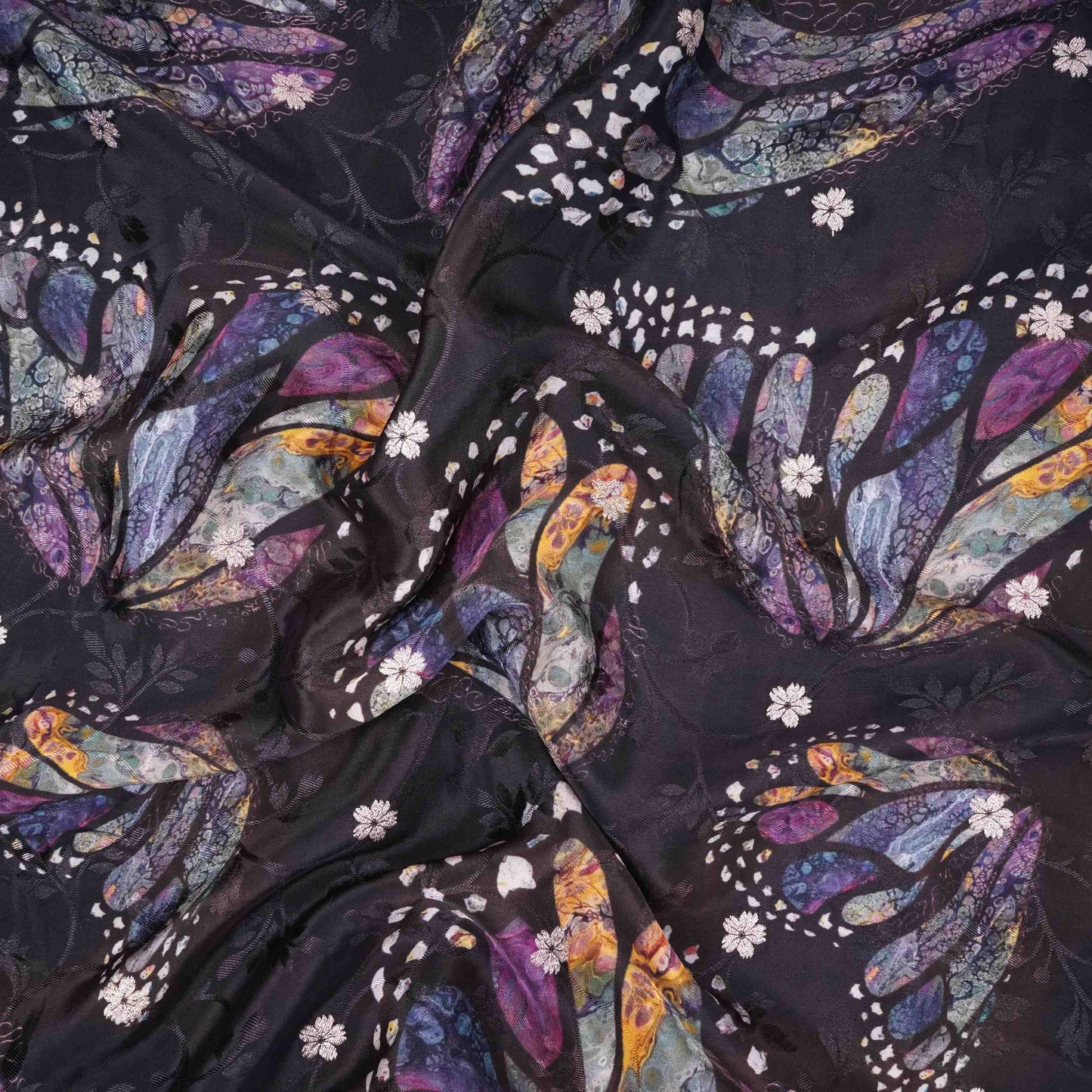 Black Abstract zari jacquard Pure Bemberg Crepe Fabric MTF-31801