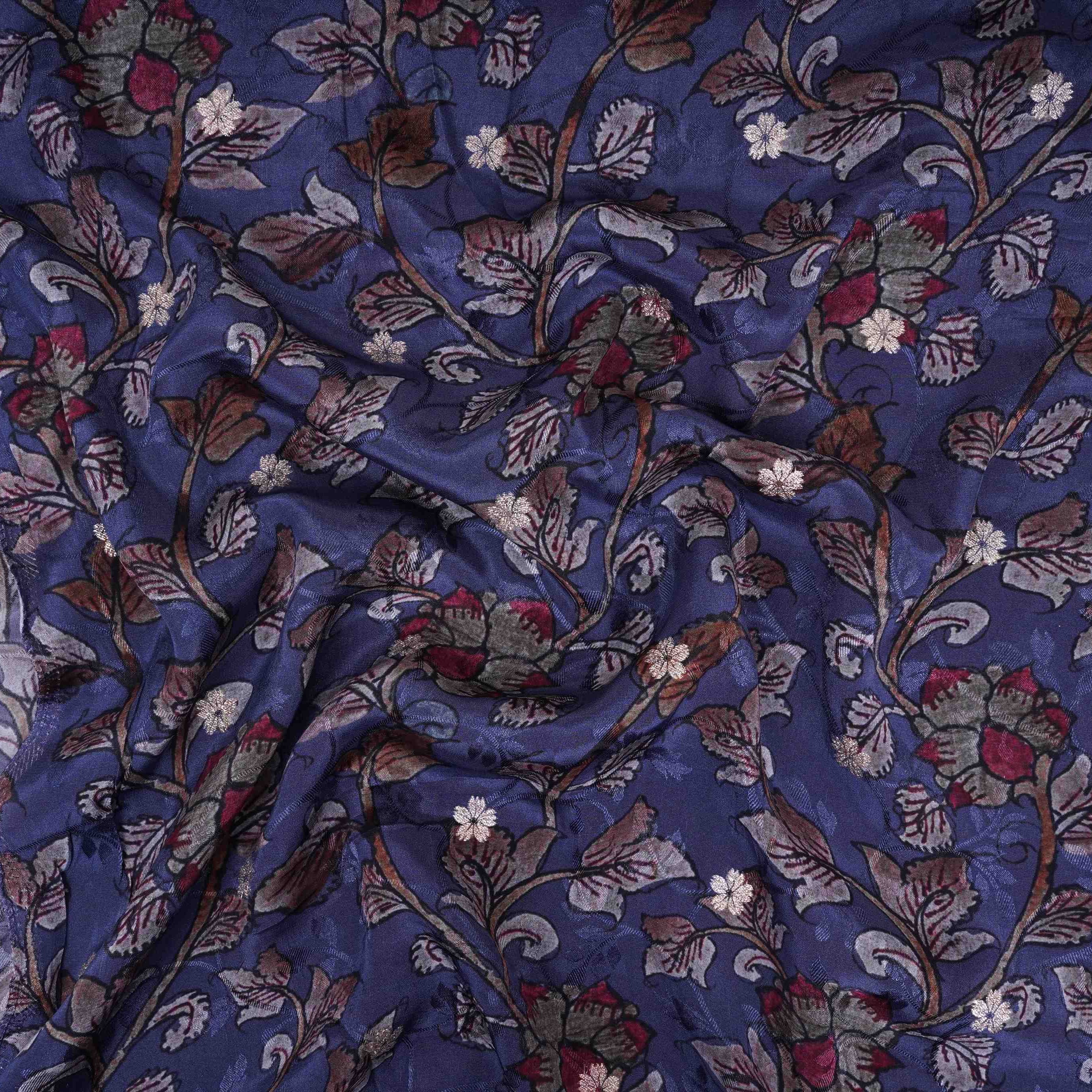 Blue Purple floral zari jacquard Pure Bemberg Crepe Fabric MTF-31806 - TradeUNO