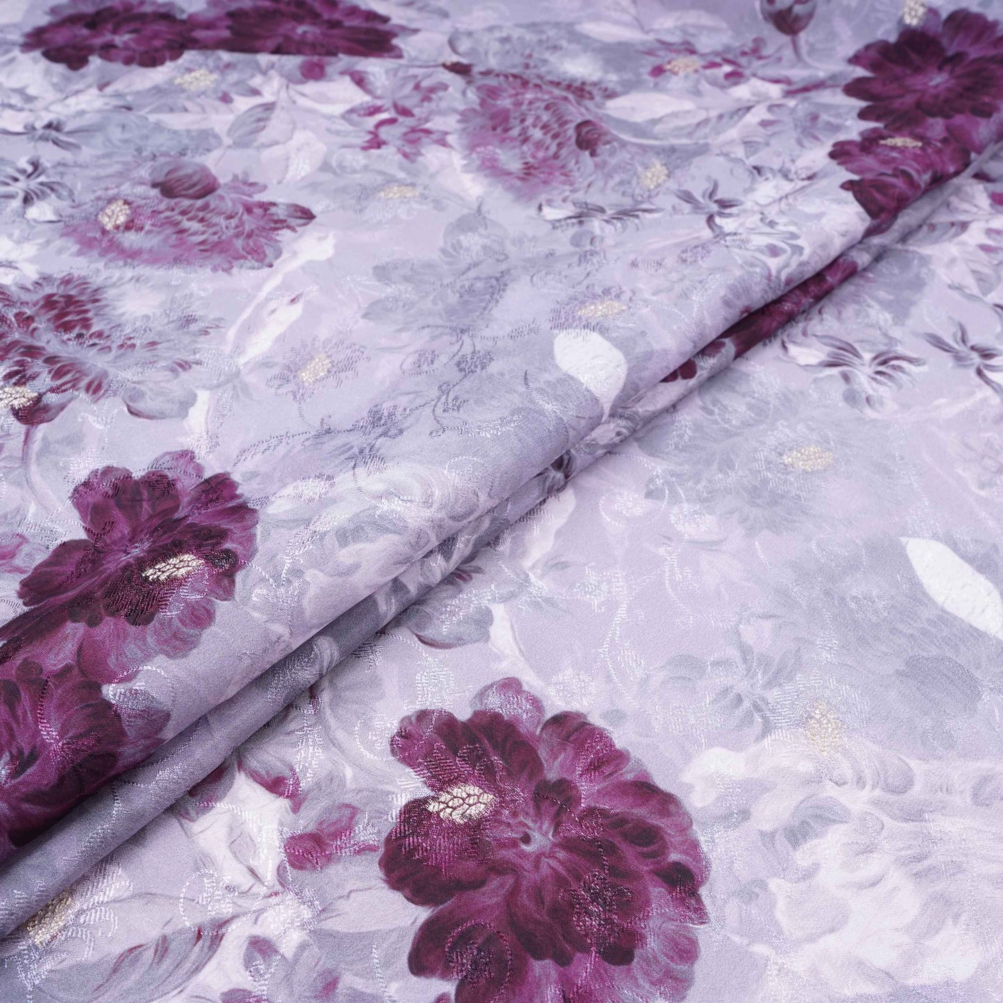 Light Grey floral zari jacquard Pure Bemberg Crepe Fabric MTF-31805