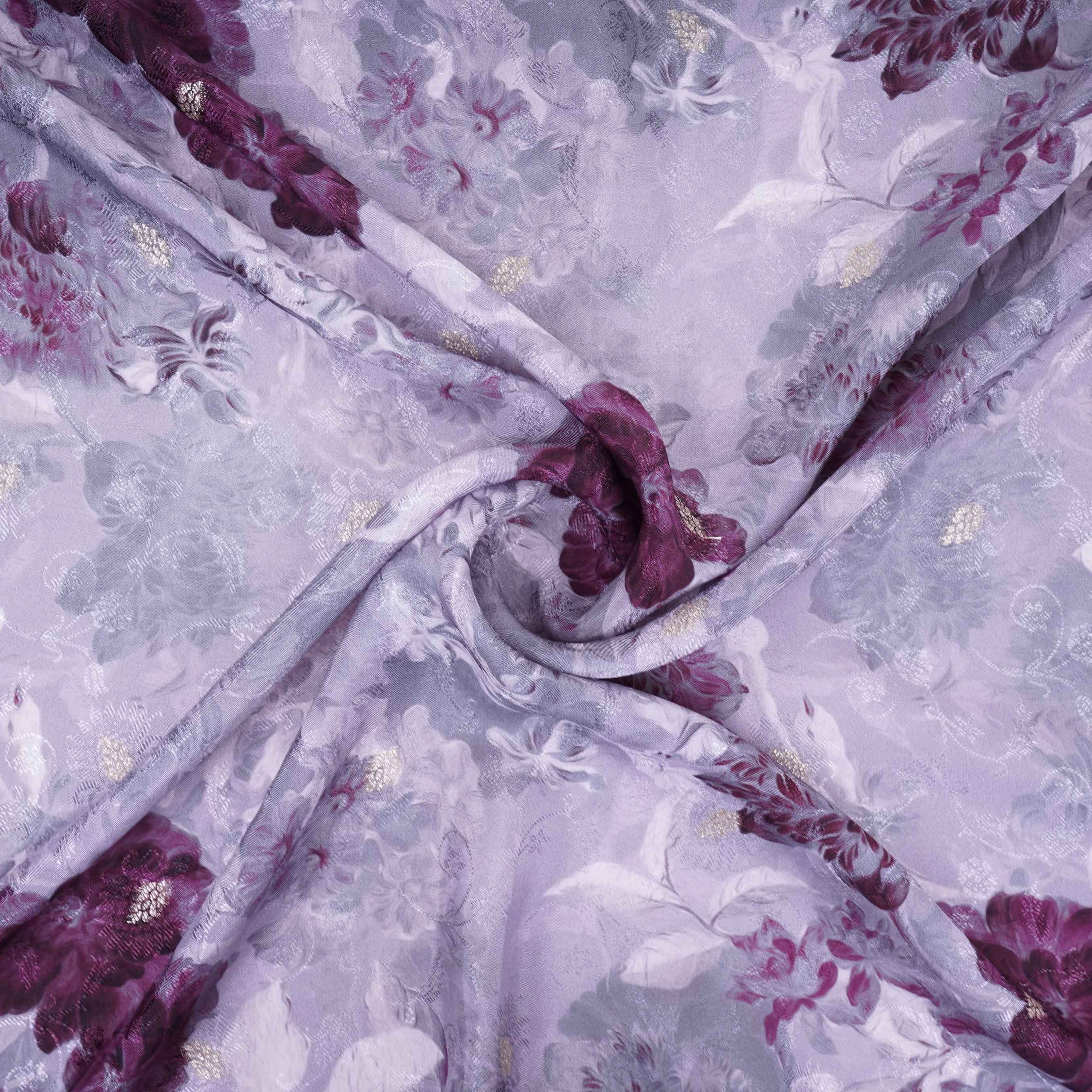 Light Grey floral zari jacquard Pure Bemberg Crepe Fabric MTF-31805 - TradeUNO