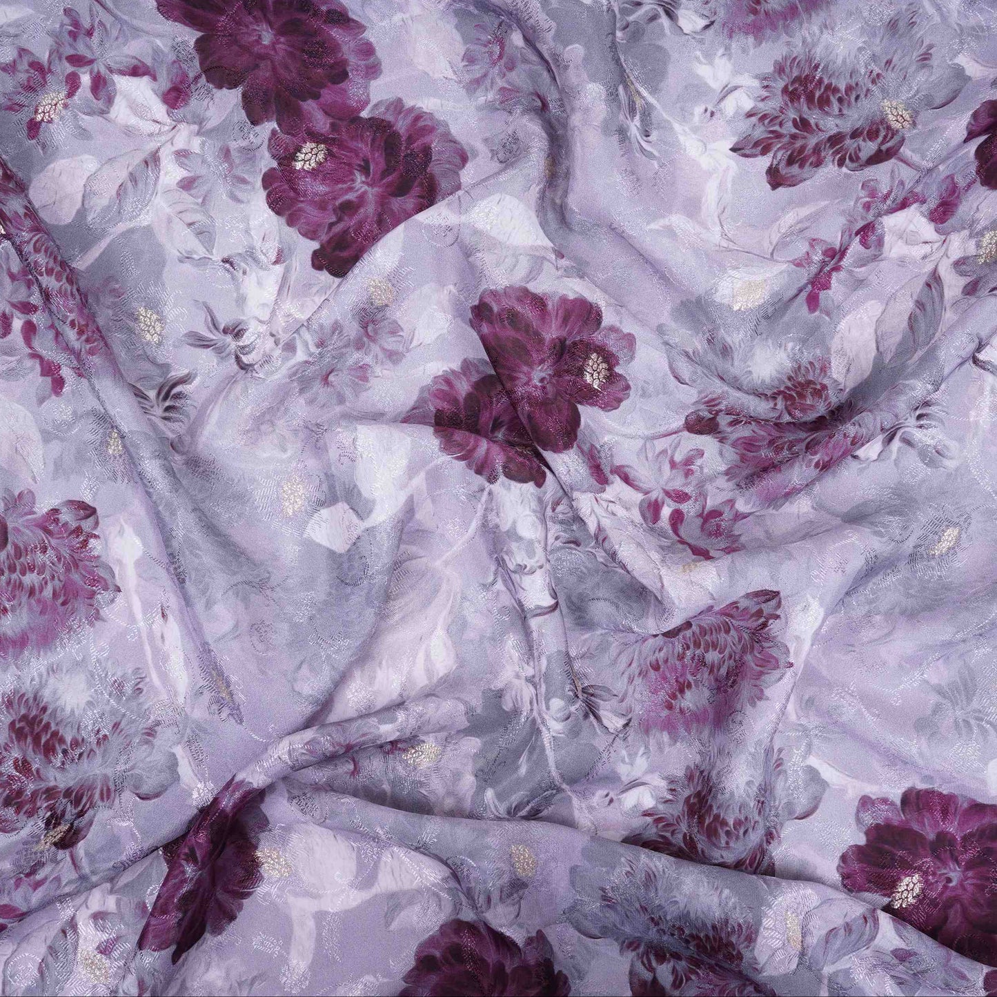 Light Grey floral zari jacquard Pure Bemberg Crepe Fabric MTF-31805