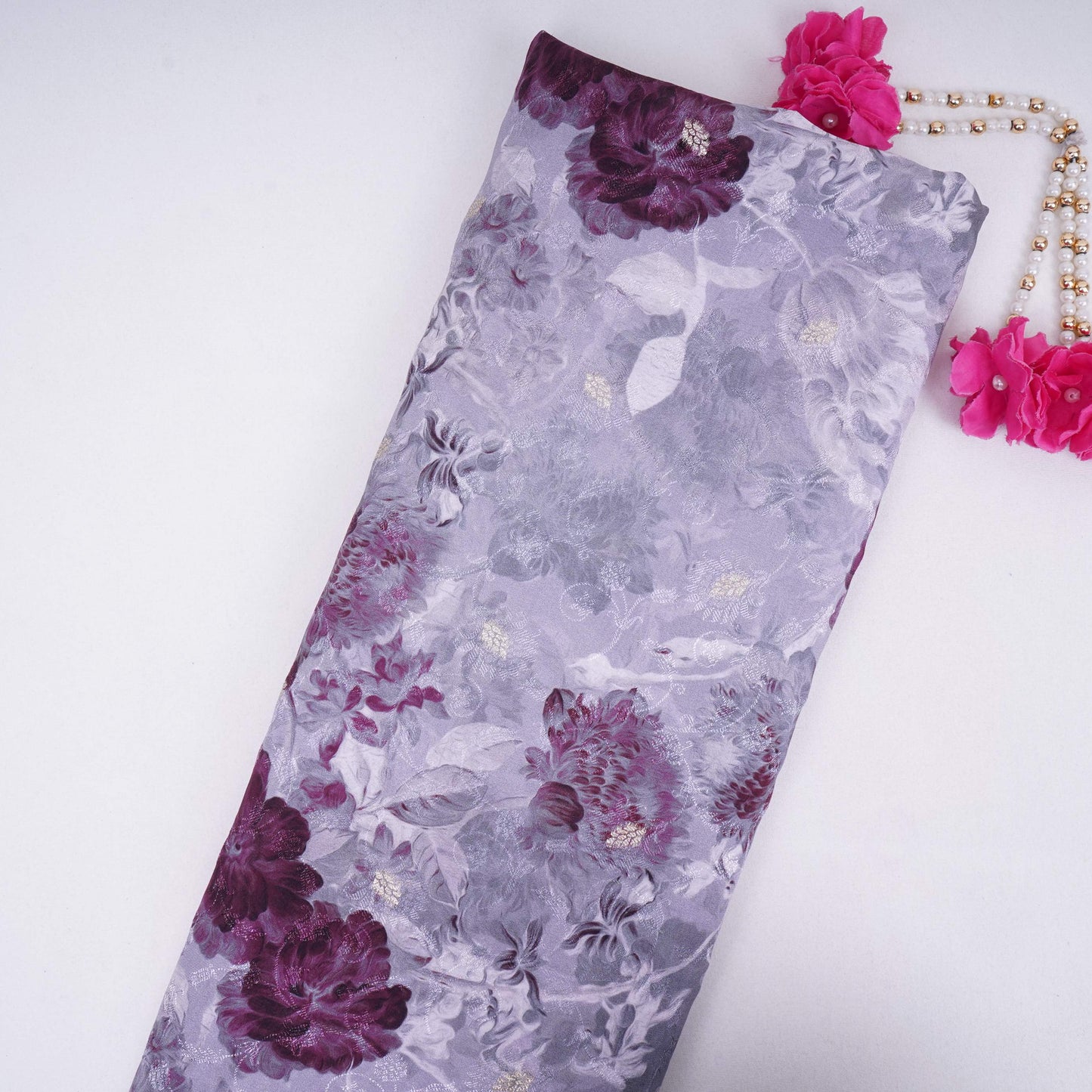 Light Grey floral zari jacquard Pure Bemberg Crepe Fabric MTF-31805