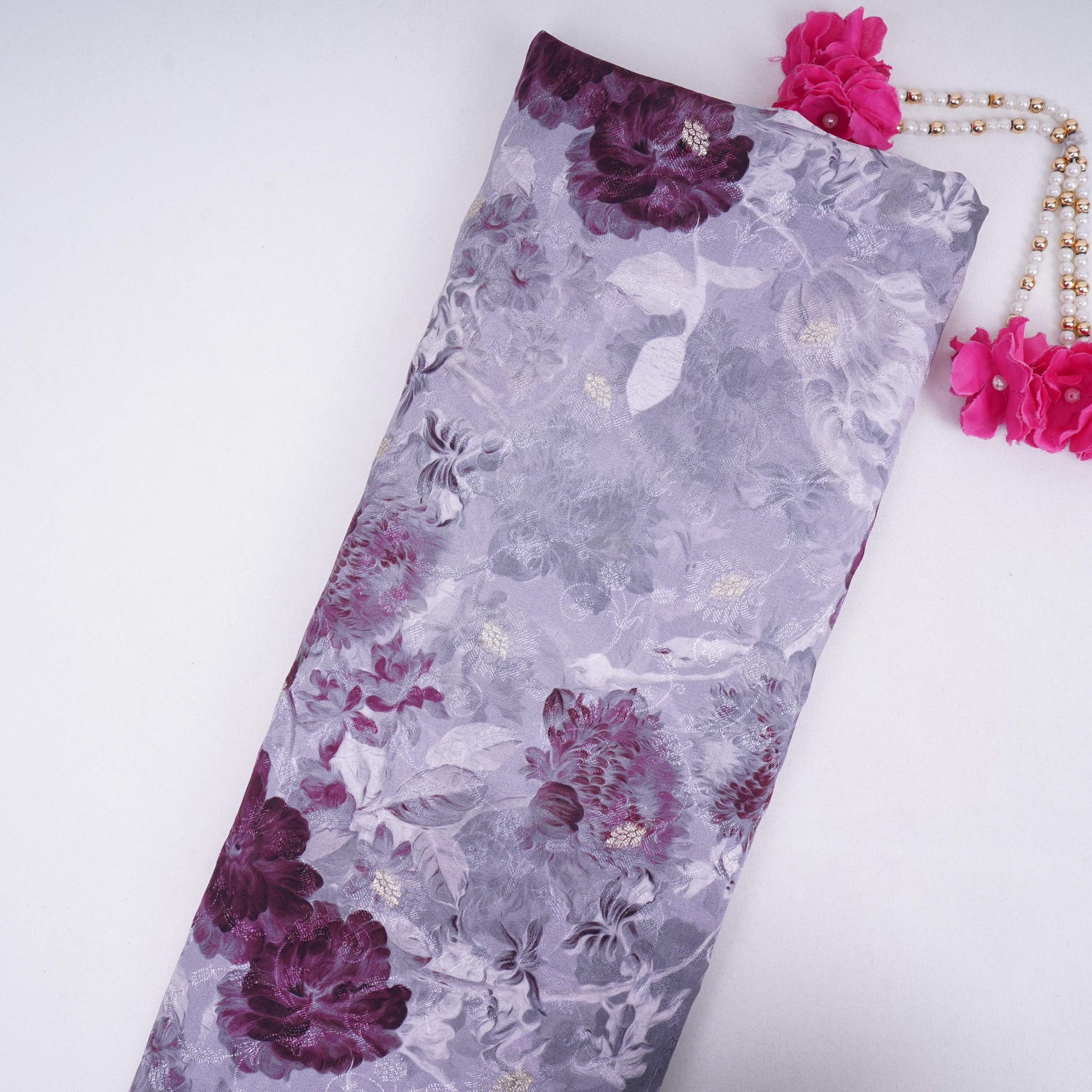 Light Grey floral zari jacquard Pure Bemberg Crepe Fabric MTF-31805 - TradeUNO