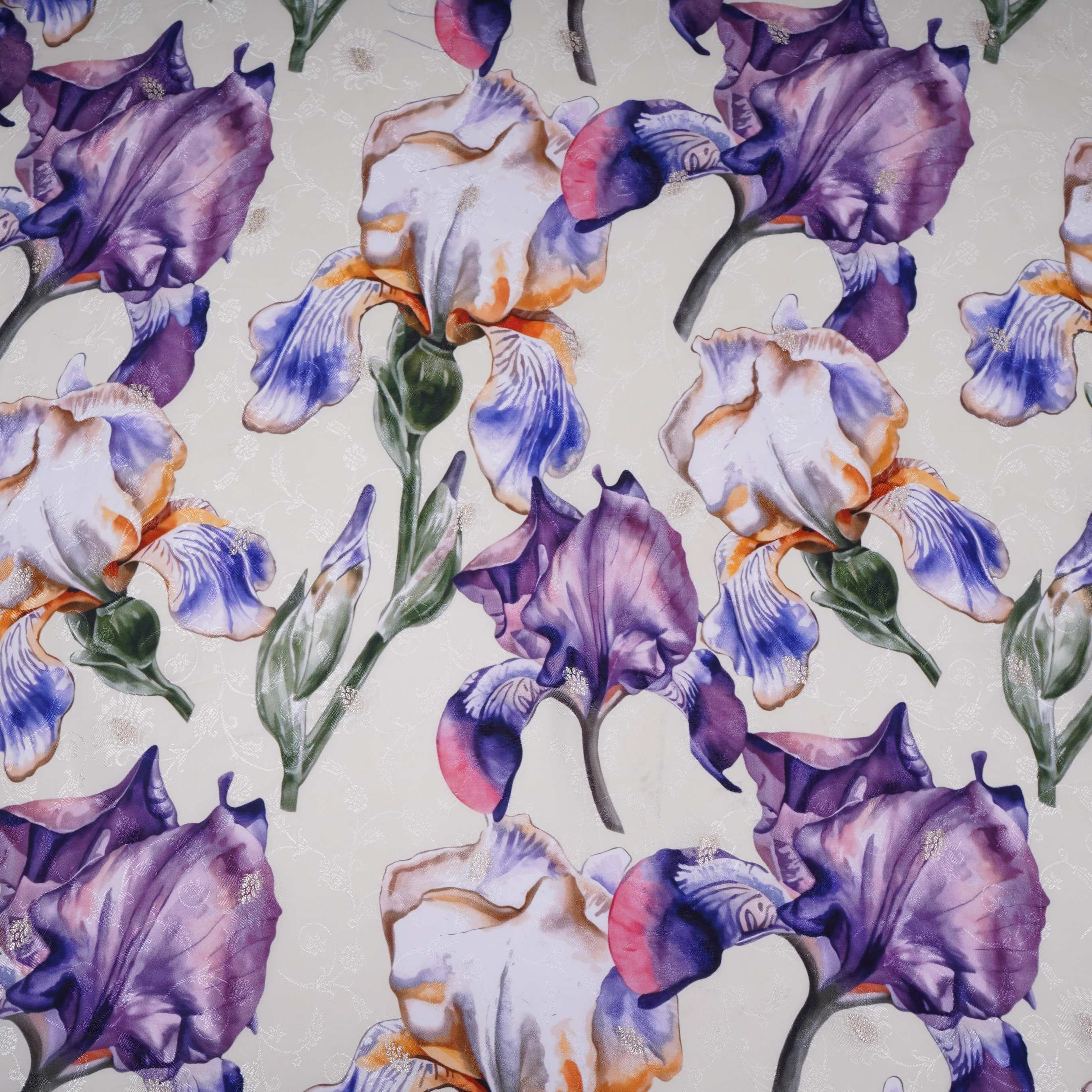 Cream floral zari jacquard Pure Bemberg Crepe Fabric MTF-31808 - TradeUNO