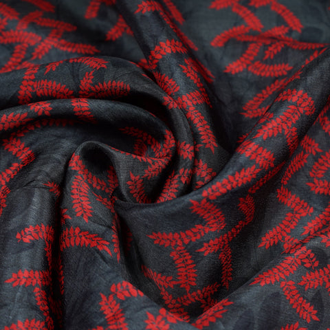 Black Floral Print Upada Silk Fabric 21092