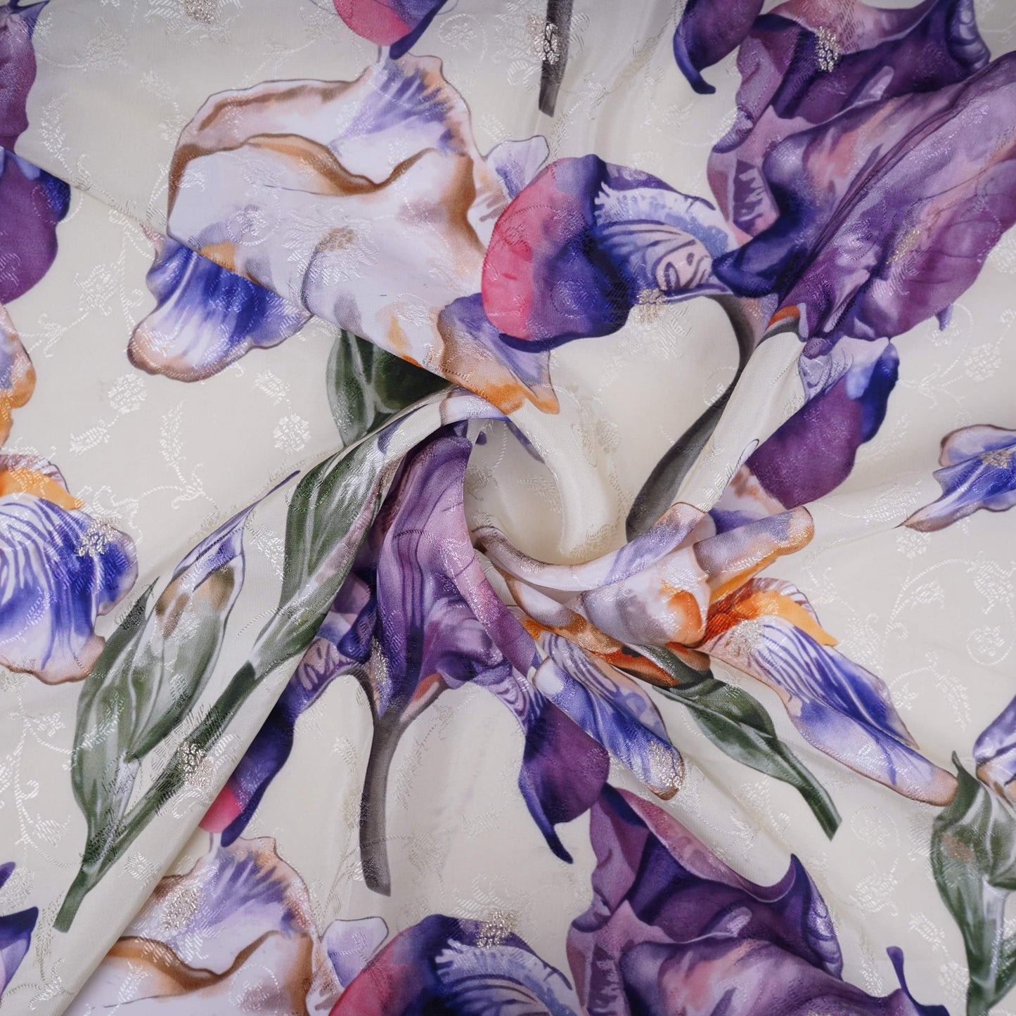 Cream floral zari jacquard Pure Bemberg Crepe Fabric MTF-31808