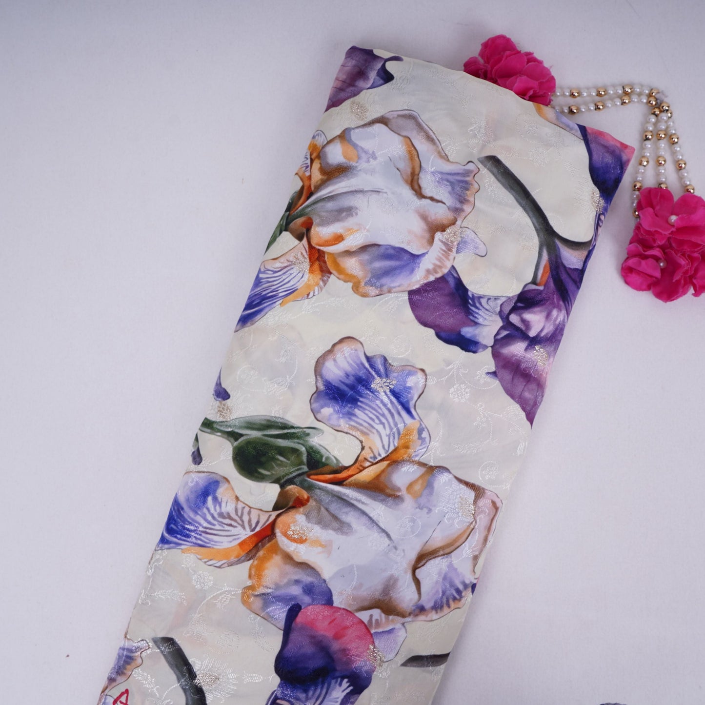 Cream floral zari jacquard Pure Bemberg Crepe Fabric MTF-31808