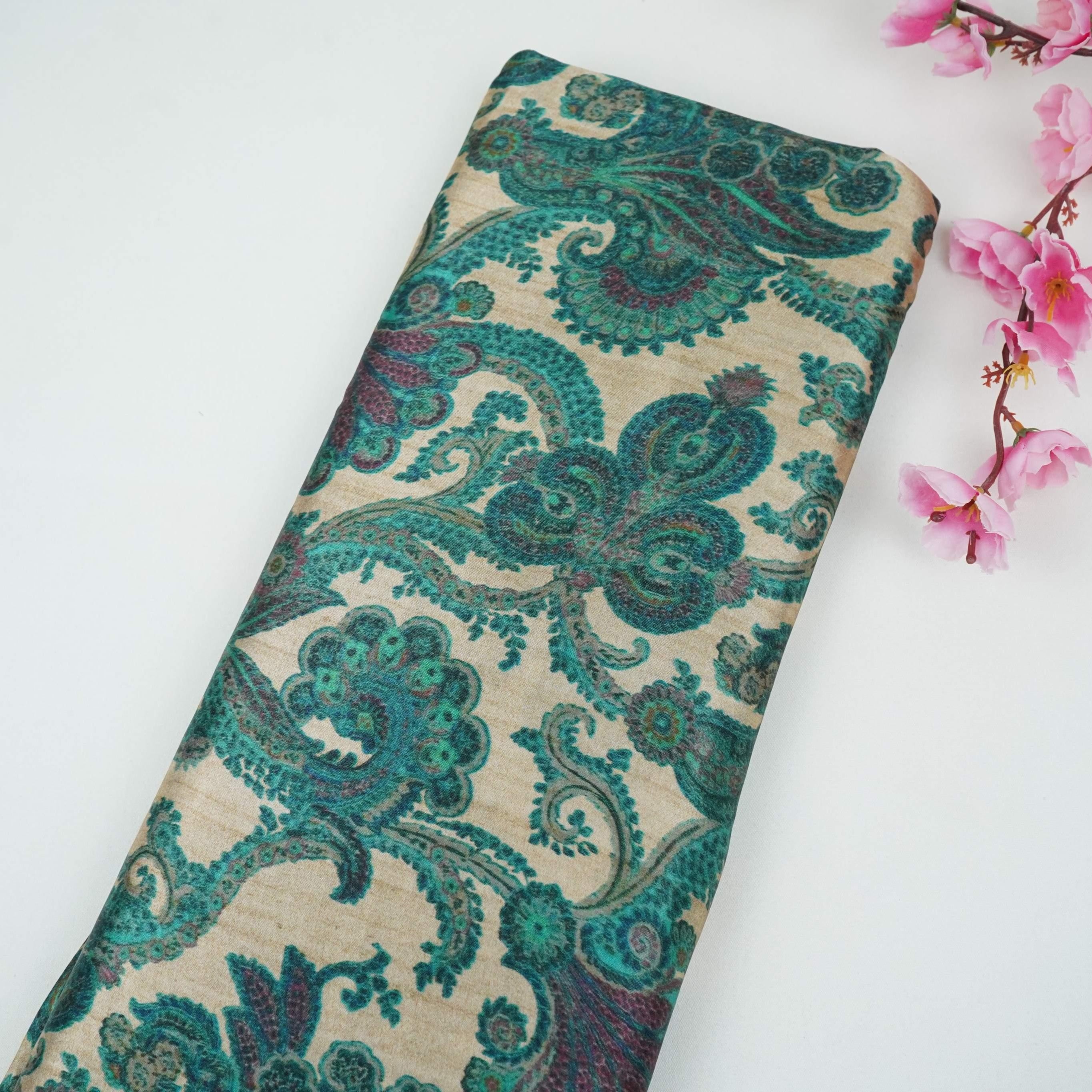 Beige with Teal Blue Paisley print Bemberg Modal Silk Fabric KTP-31387 - TradeUNO