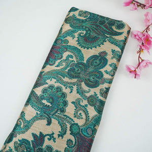 Beige with Teal Blue Paisley print Bemberg Modal Silk Fabric KTP-31387 - TradeUNO