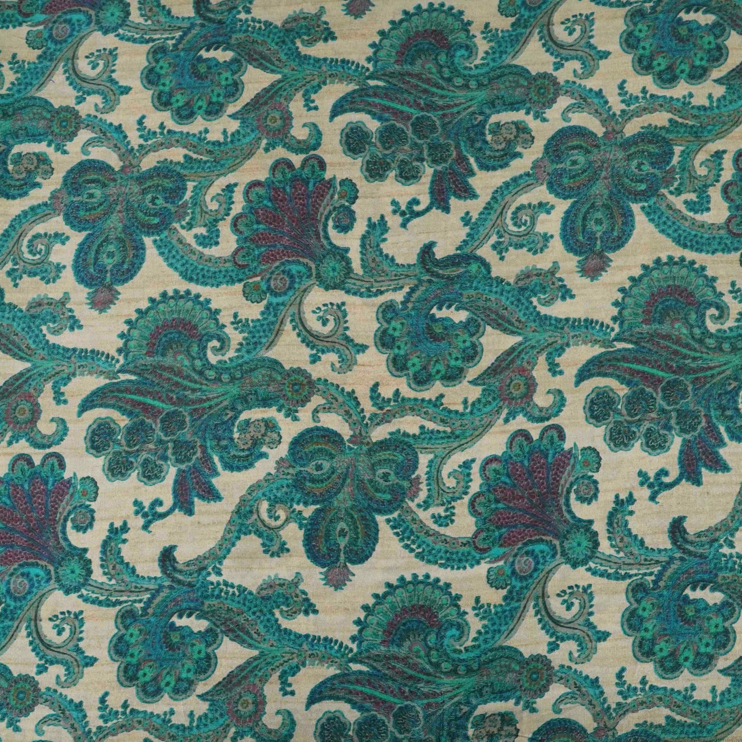 Beige with Teal Blue Paisley print Bemberg Modal Silk Fabric KTP-31387