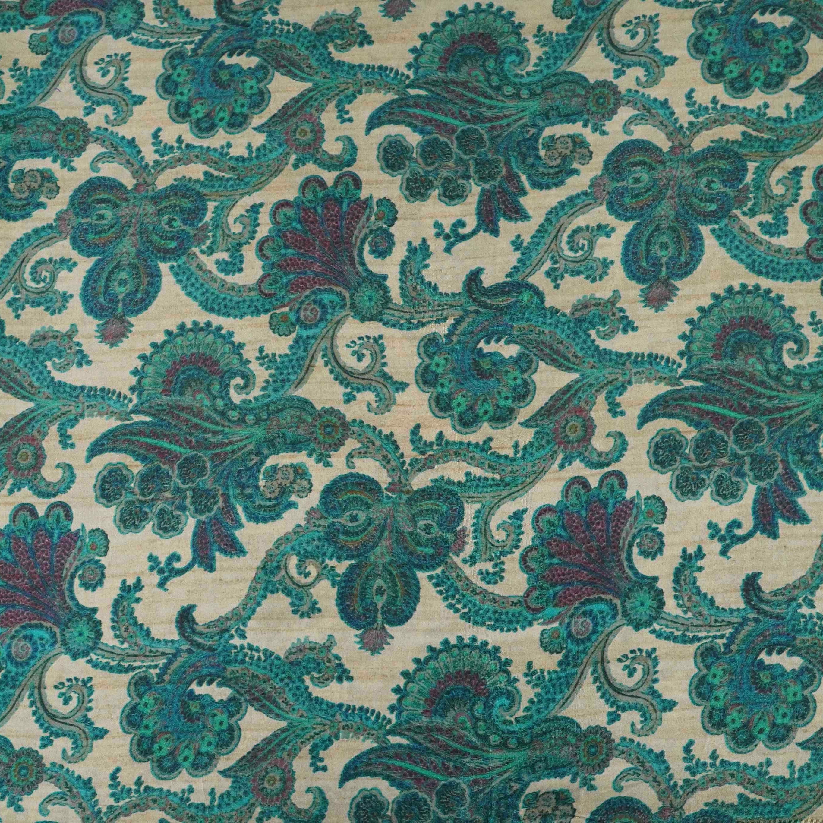 Beige with Teal Blue Paisley print Bemberg Modal Silk Fabric KTP-31387 - TradeUNO