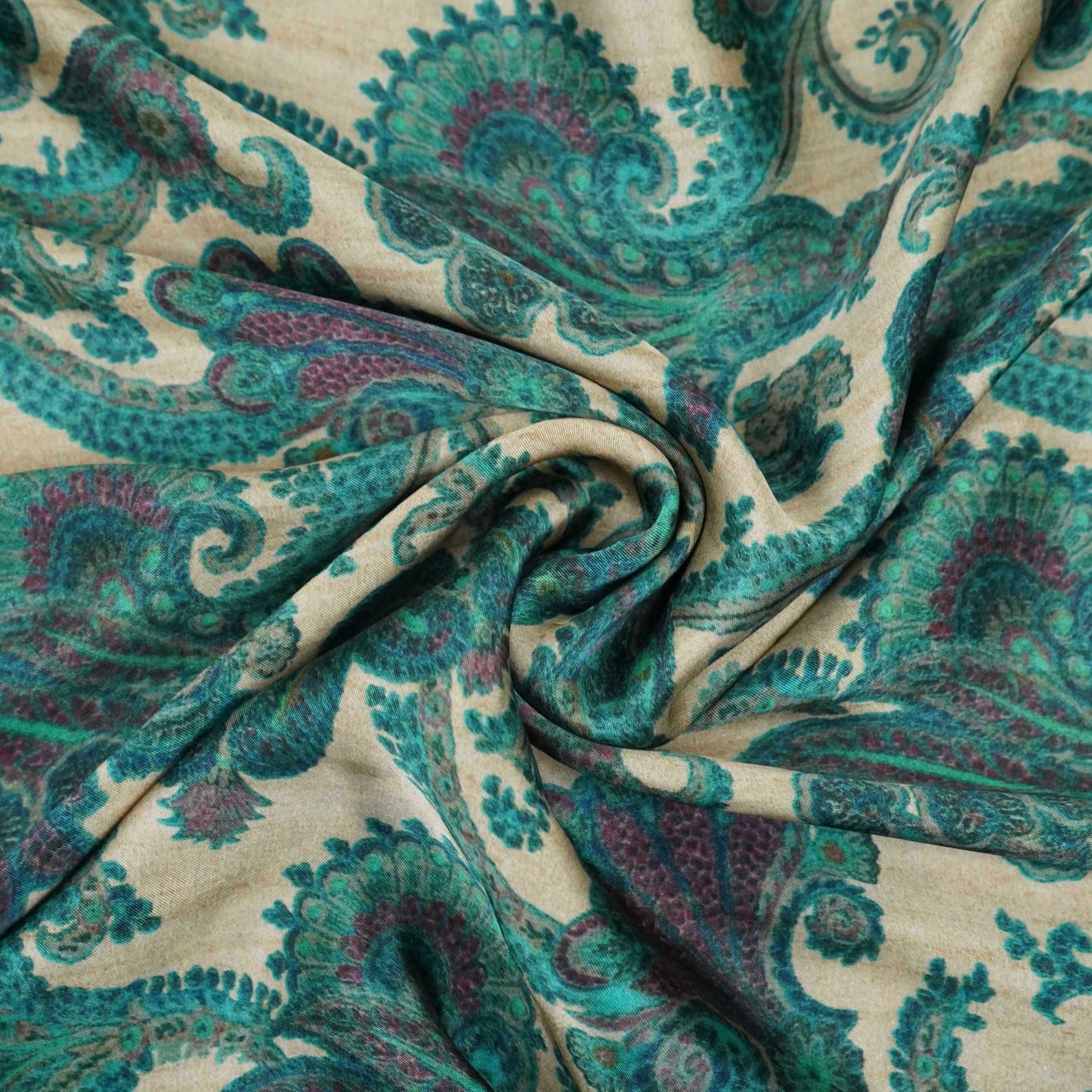 Beige with Teal Blue Paisley print Bemberg Modal Silk Fabric KTP-31387