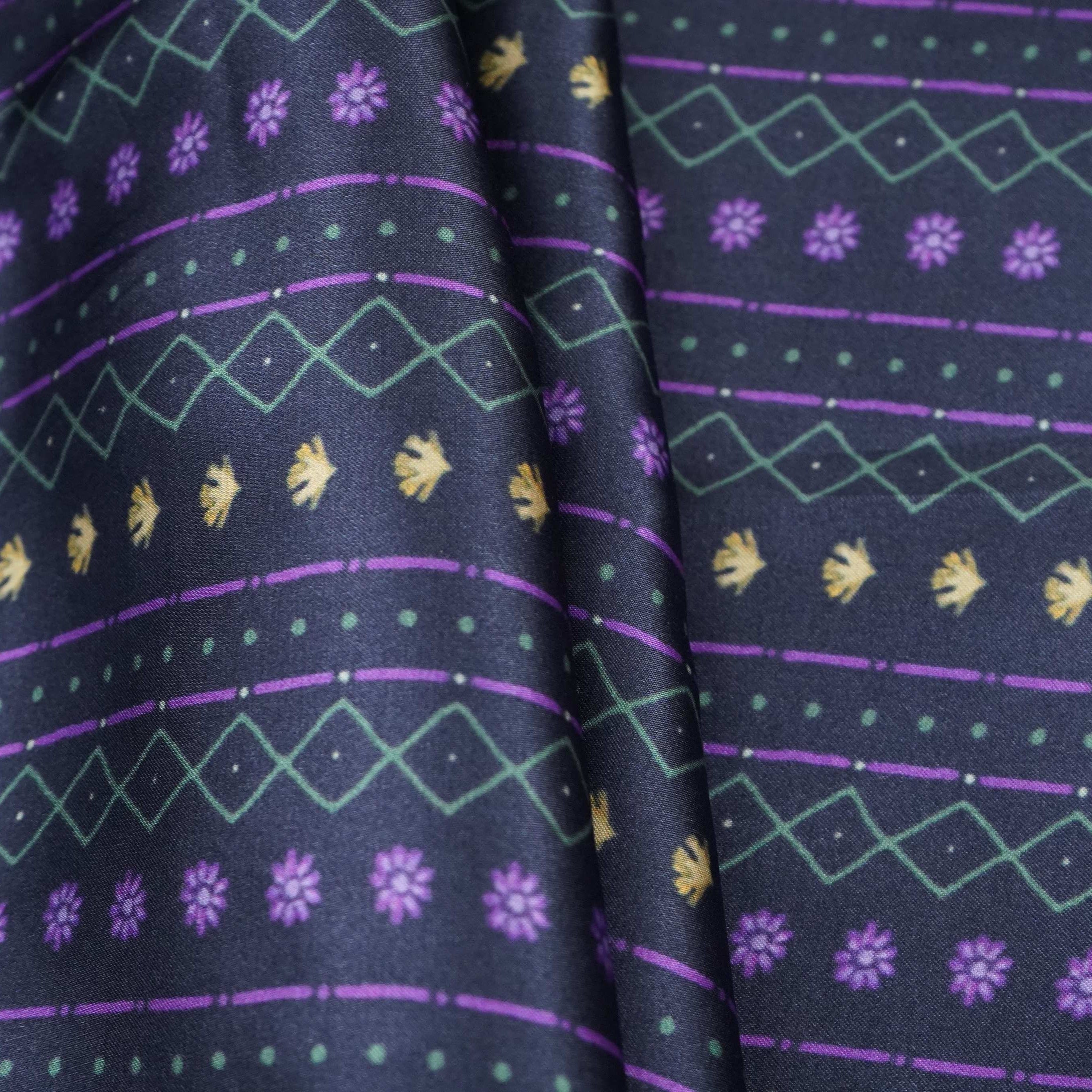 Midnight Navy Geometrical stripes Bemberg Modal Silk Fabric KTP-31398 - TradeUNO