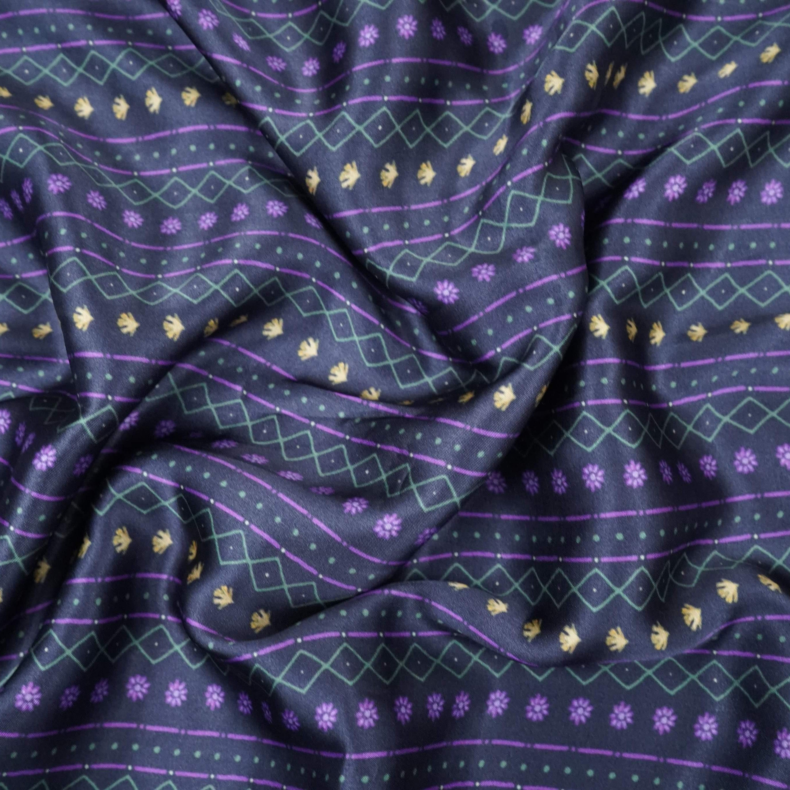 Midnight Navy Geometrical stripes Bemberg Modal Silk Fabric KTP-31398 - TradeUNO