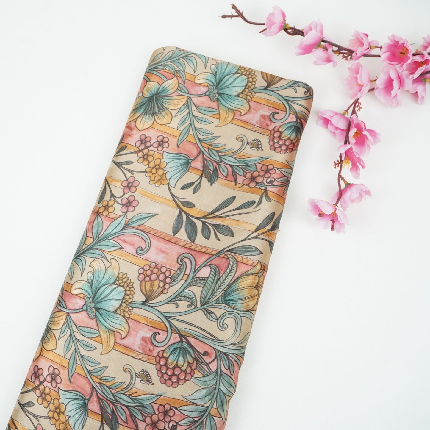 Beige Kalamkari stripes print Bemberg Modal Silk Fabric KTP-31397
