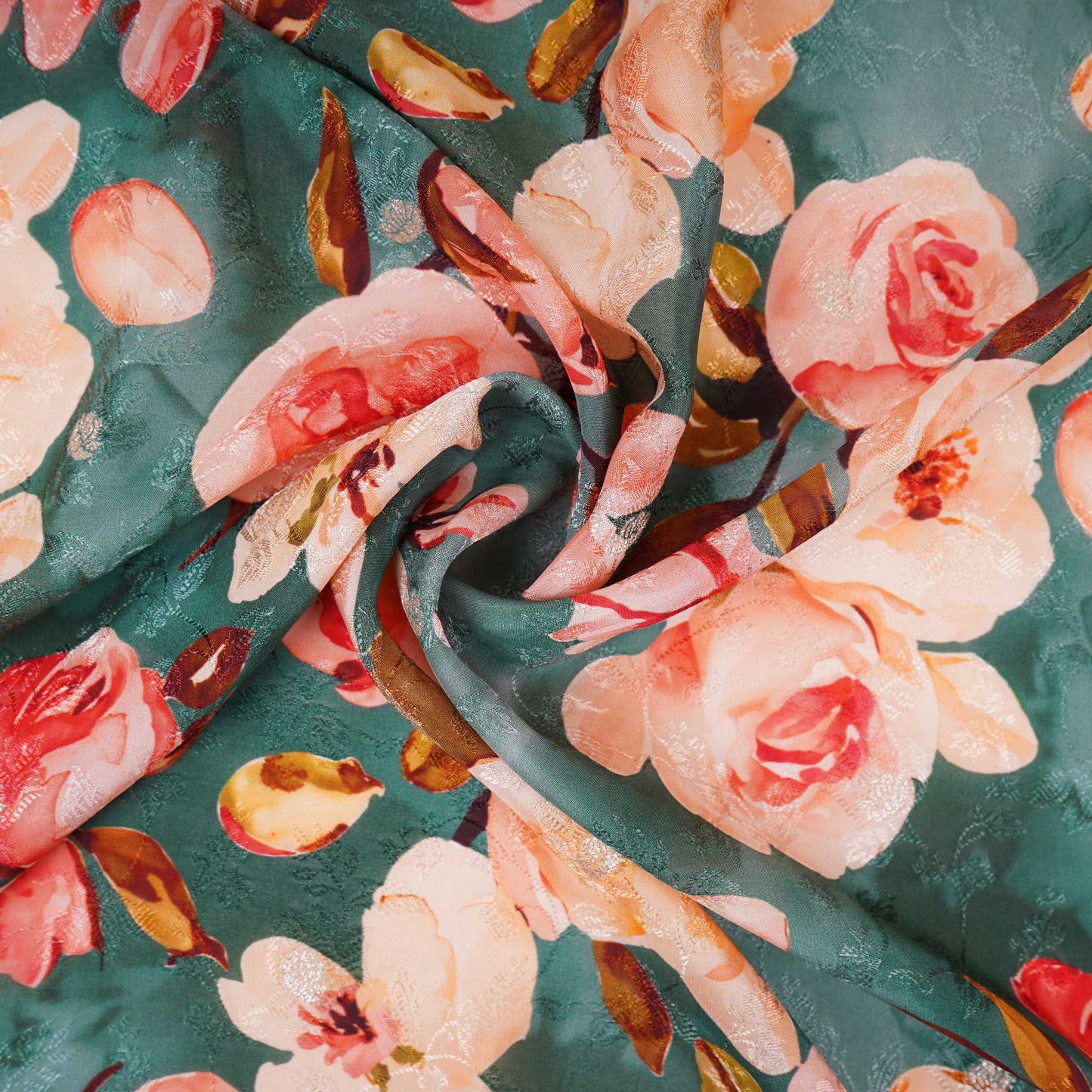 Emerald Green floral zari jacquard Pure Bemberg Crepe Fabric MTF-31804