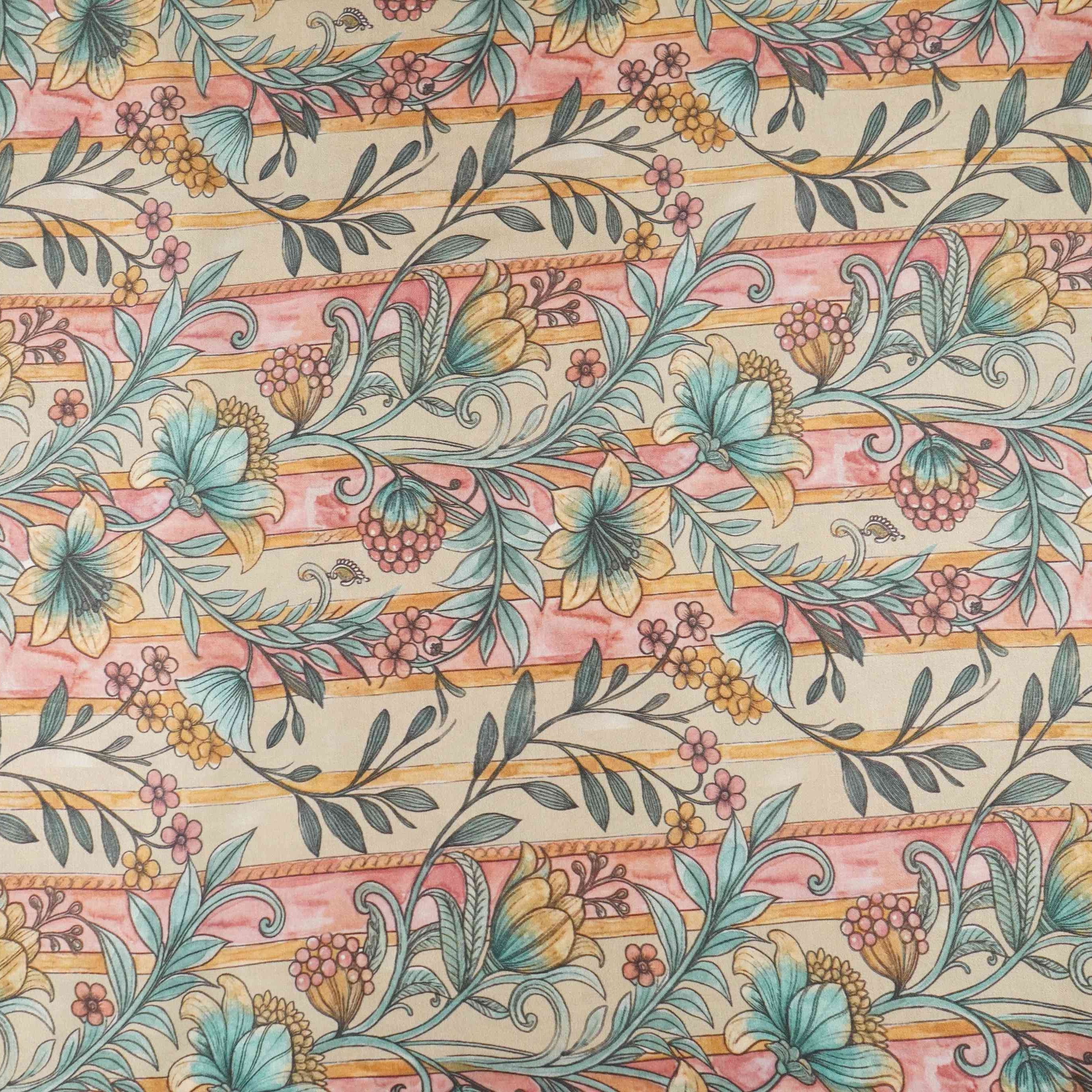 Beige Kalamkari stripes print Bemberg Modal Silk Fabric KTP-31397 - TradeUNO