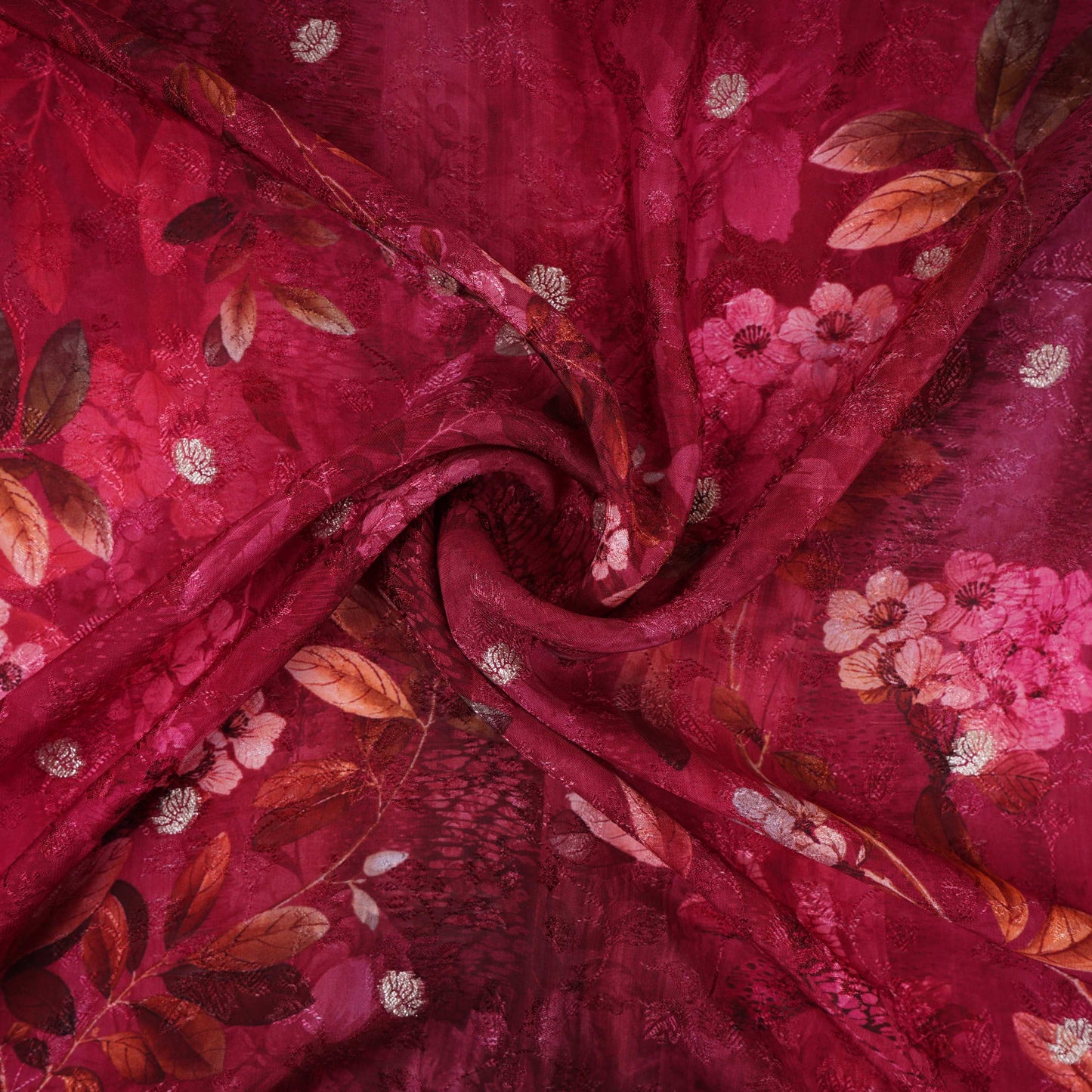 Magenta floral zari jacquard Pure Bemberg Crepe Fabric MTF-31813