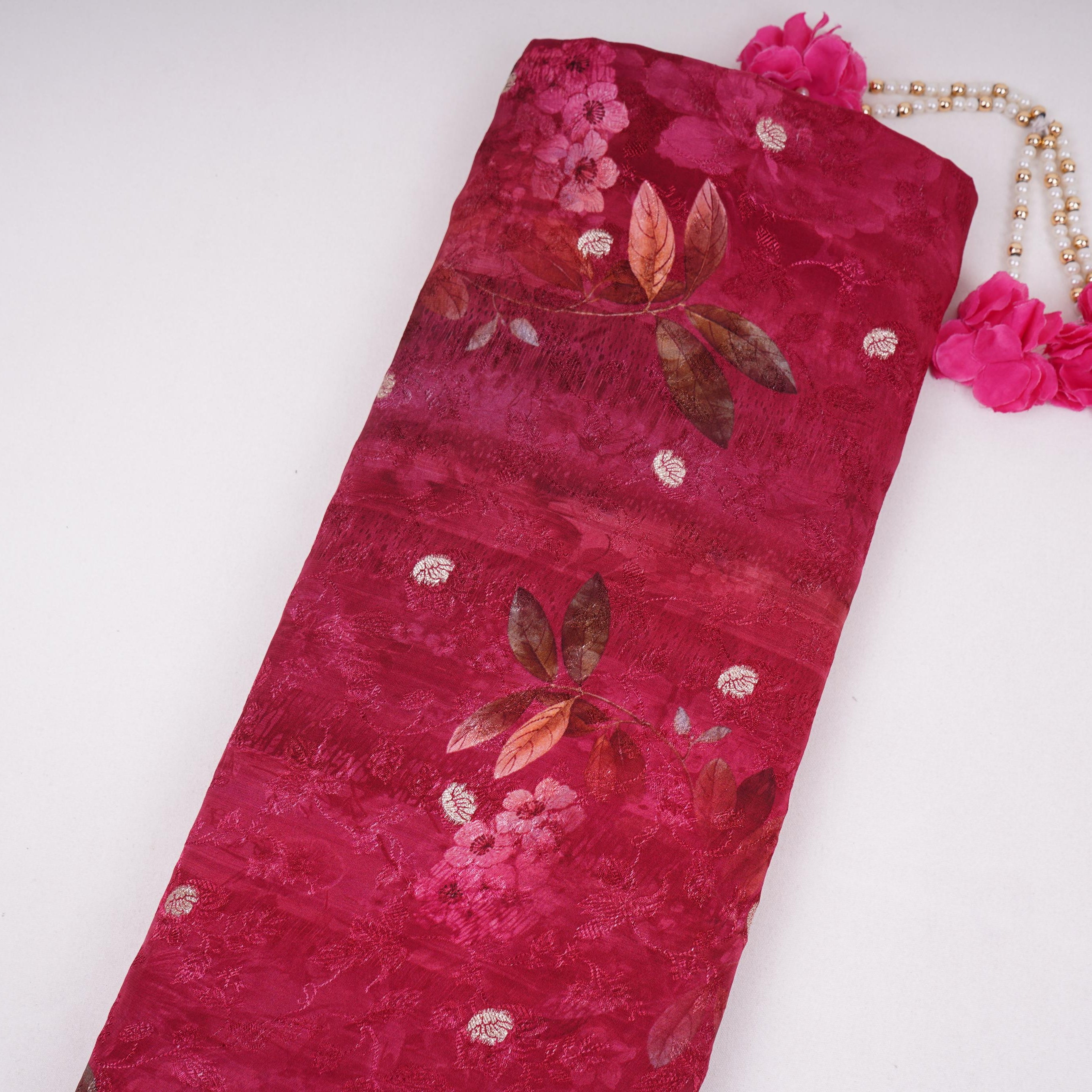 Magenta floral zari jacquard Pure Bemberg Crepe Fabric MTF-31813 - TradeUNO