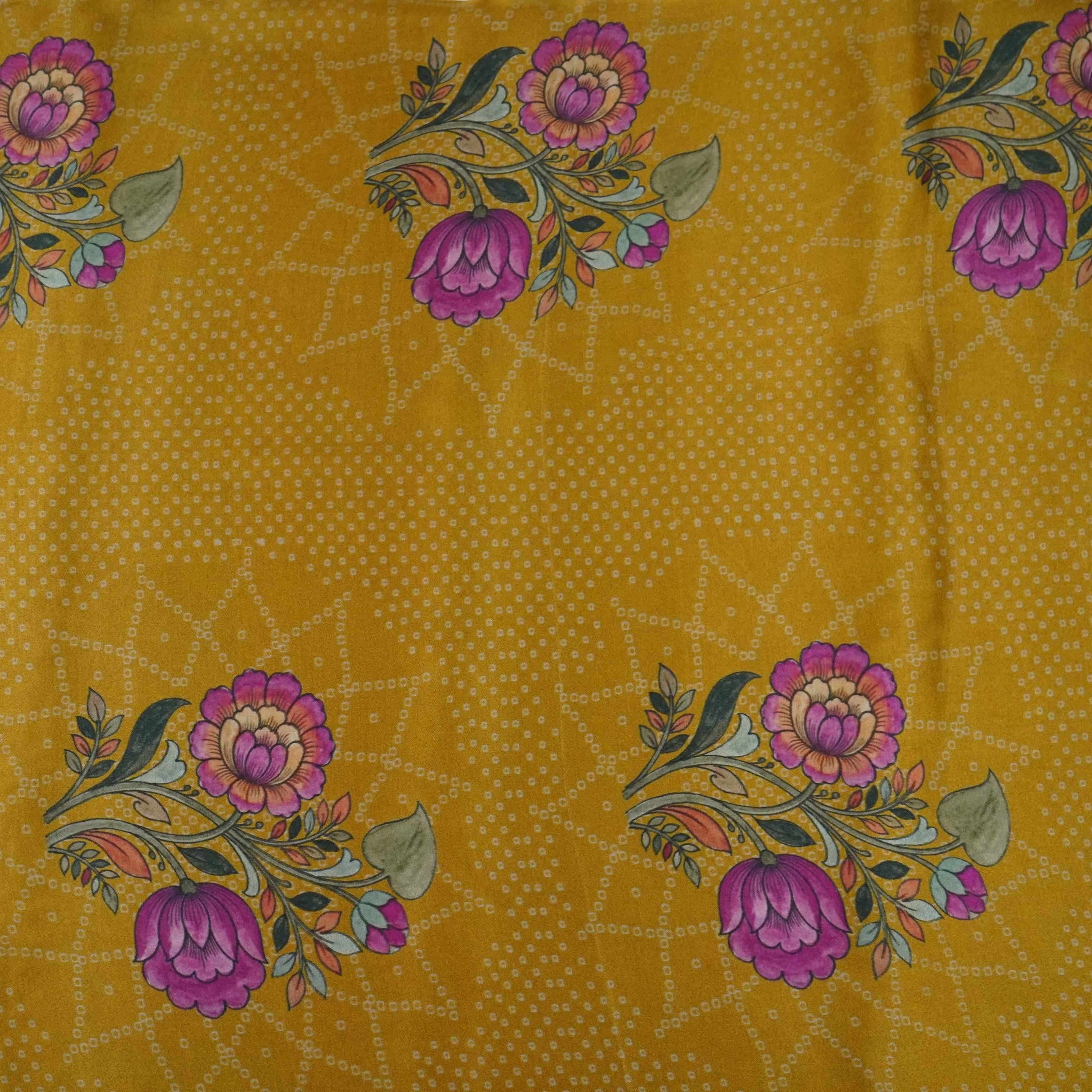 Mustard Kalamkari with Bandhani print Bemberg Modal Silk Fabric KTP-31390 - TradeUNO