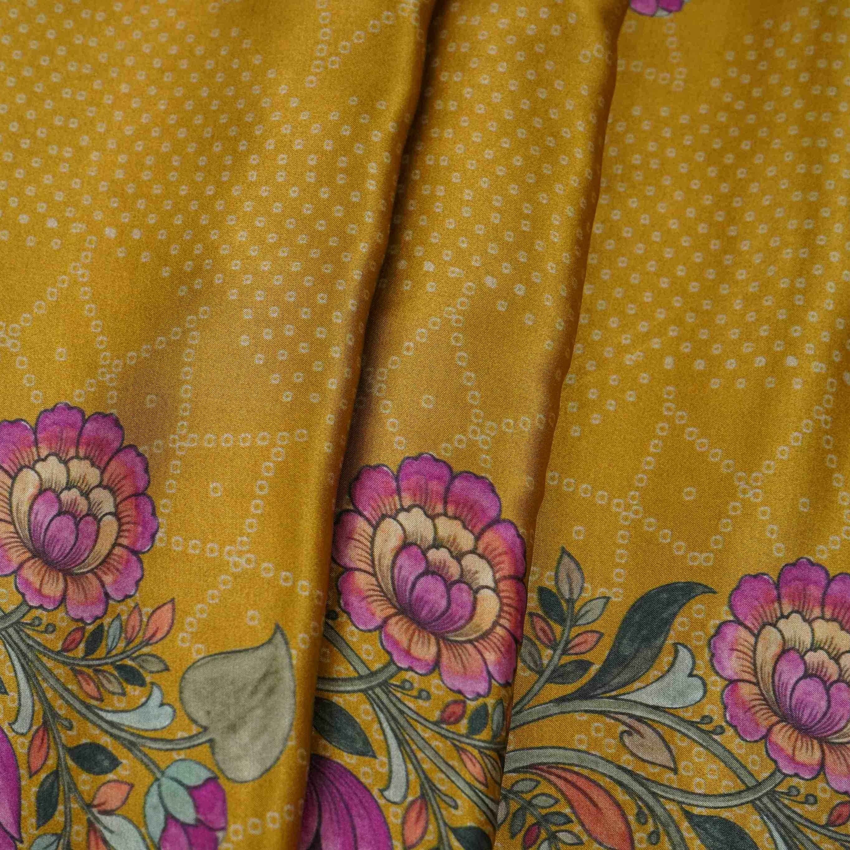 Mustard Kalamkari with Bandhani print Bemberg Modal Silk Fabric KTP-31390 - TradeUNO