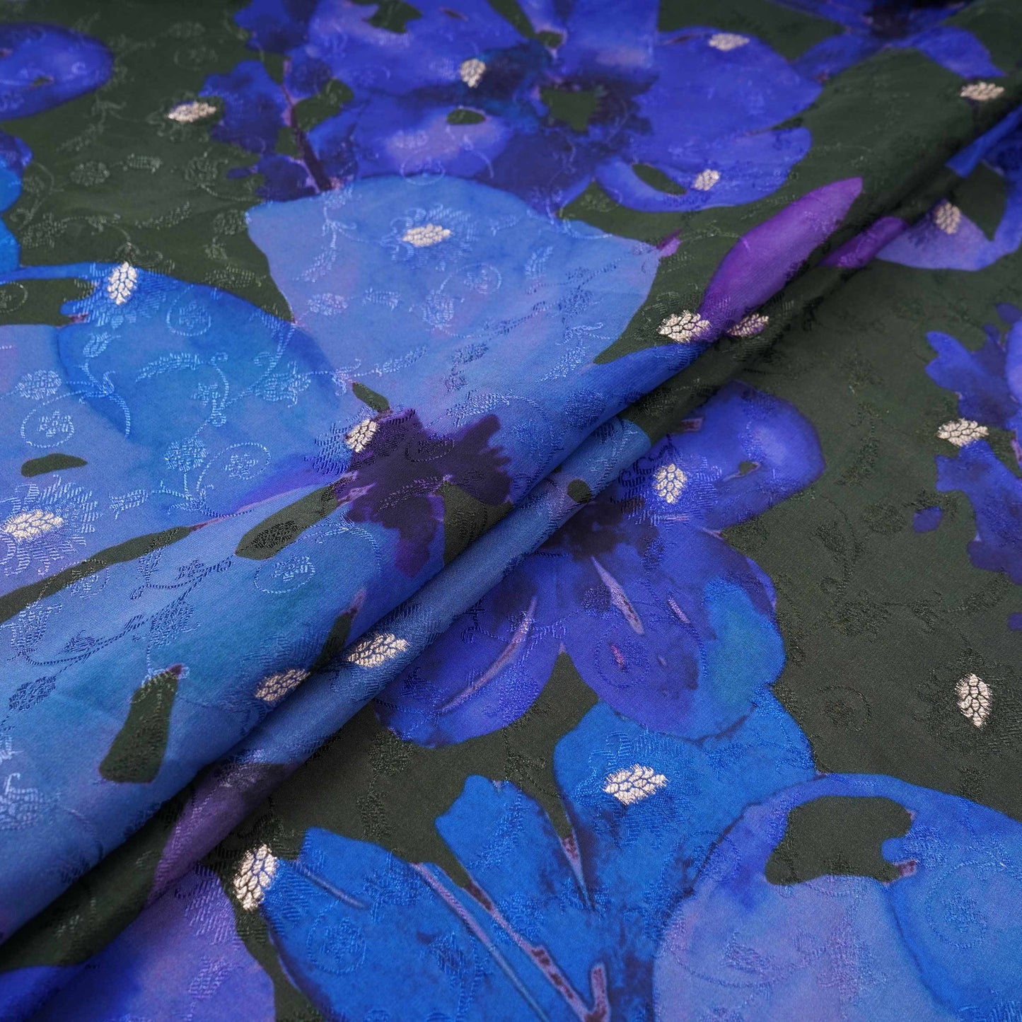 Bottle Green with Royal Blue Abstract zari jacquard Pure Bemberg Crepe Fabric MTF-31812