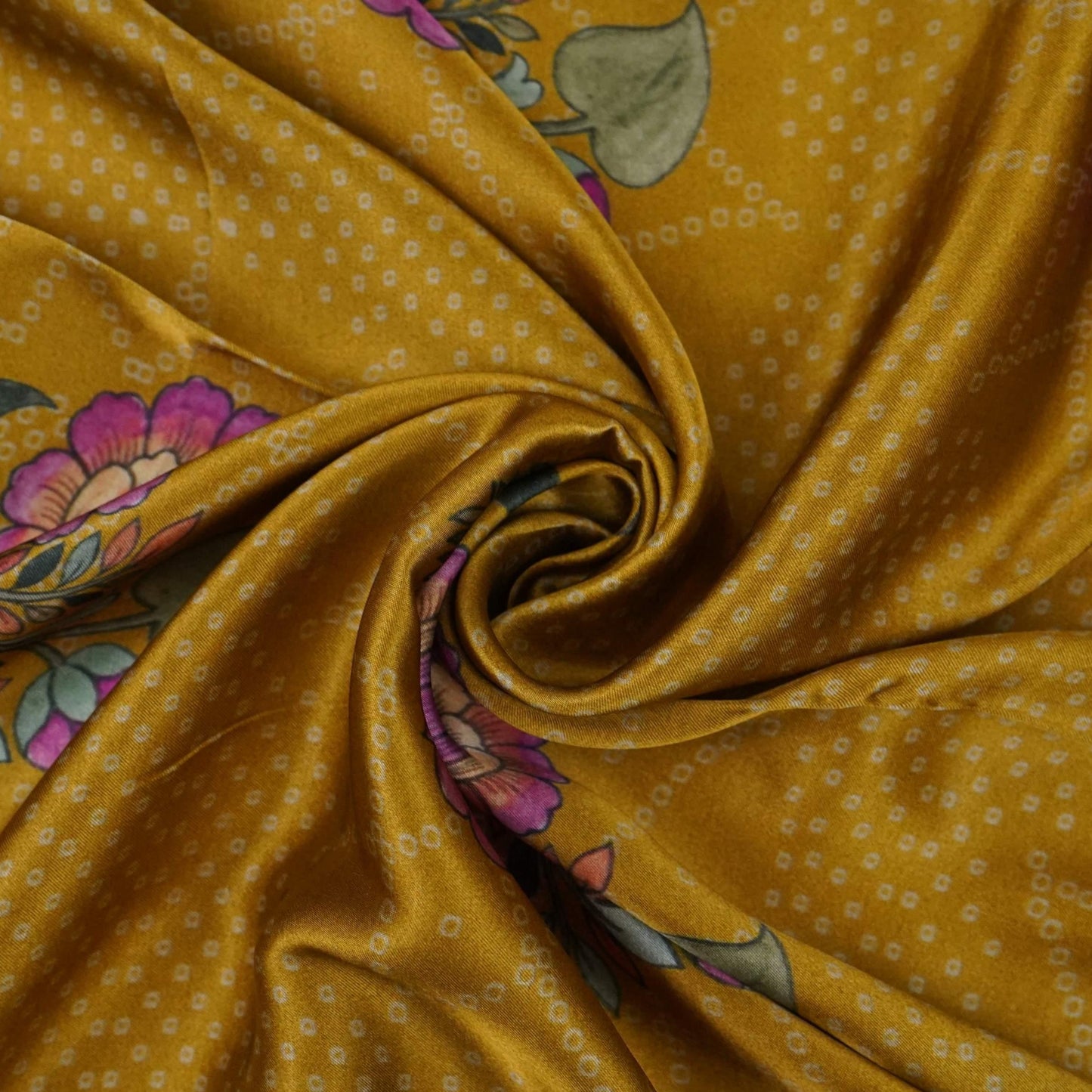 Mustard Kalamkari with Bandhani print Bemberg Modal Silk Fabric KTP-31390
