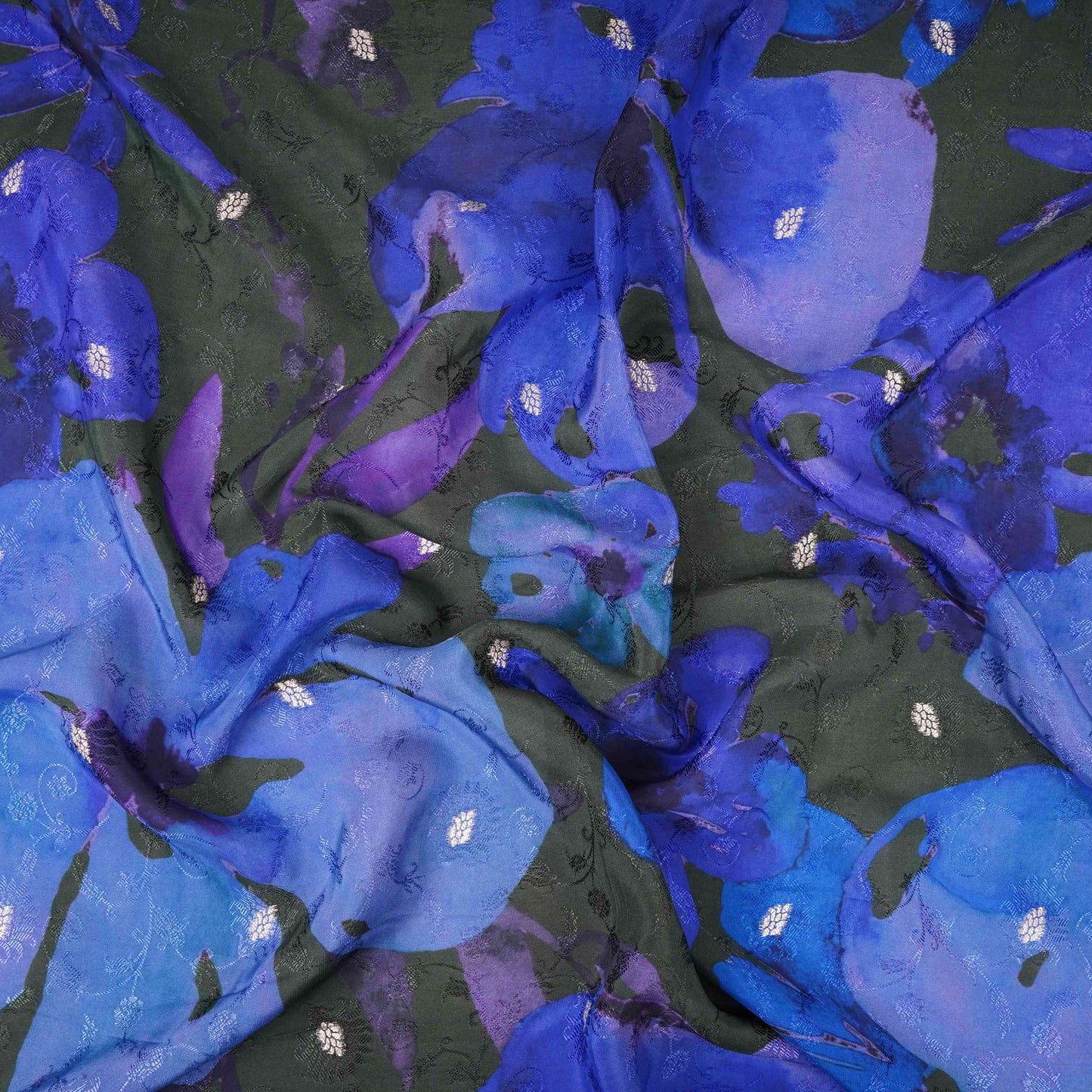 Bottle Green with Royal Blue Abstract zari jacquard Pure Bemberg Crepe Fabric MTF-31812