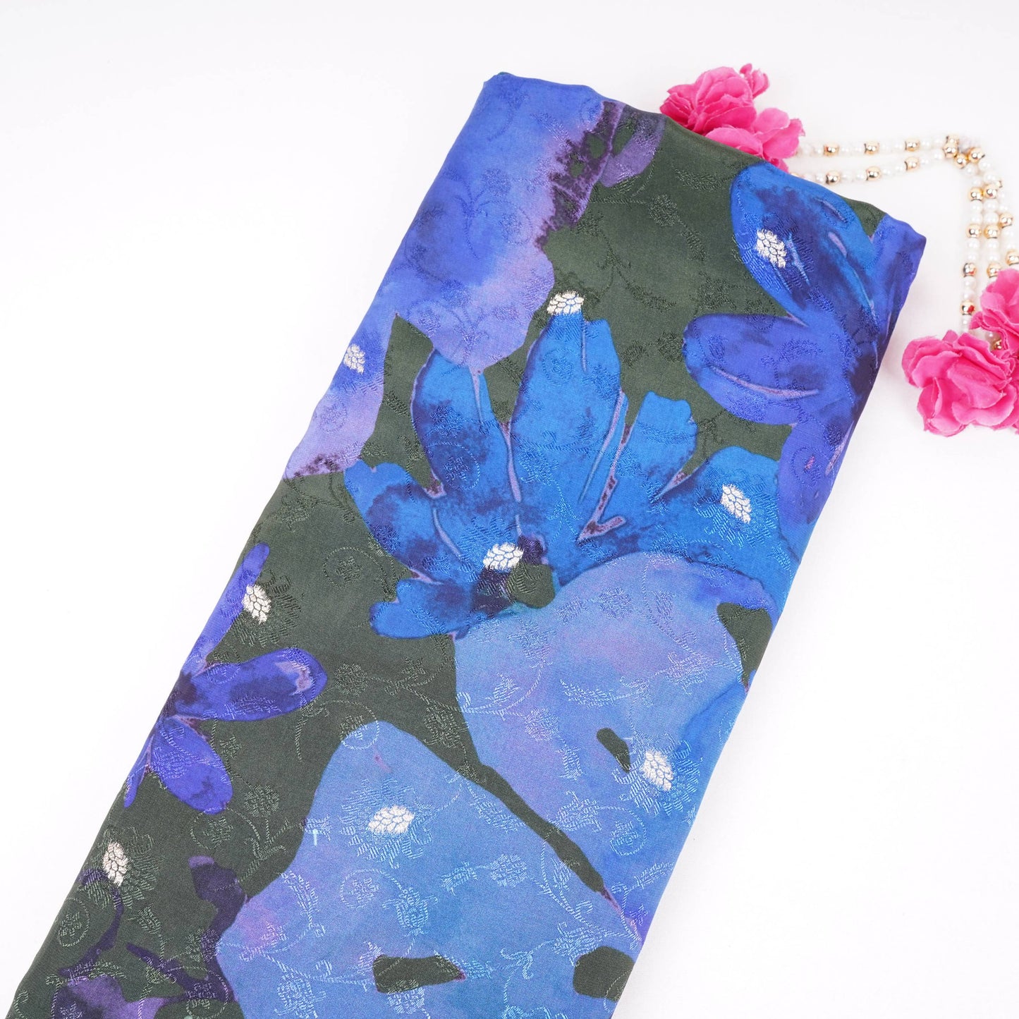 Bottle Green with Royal Blue Abstract zari jacquard Pure Bemberg Crepe Fabric MTF-31812