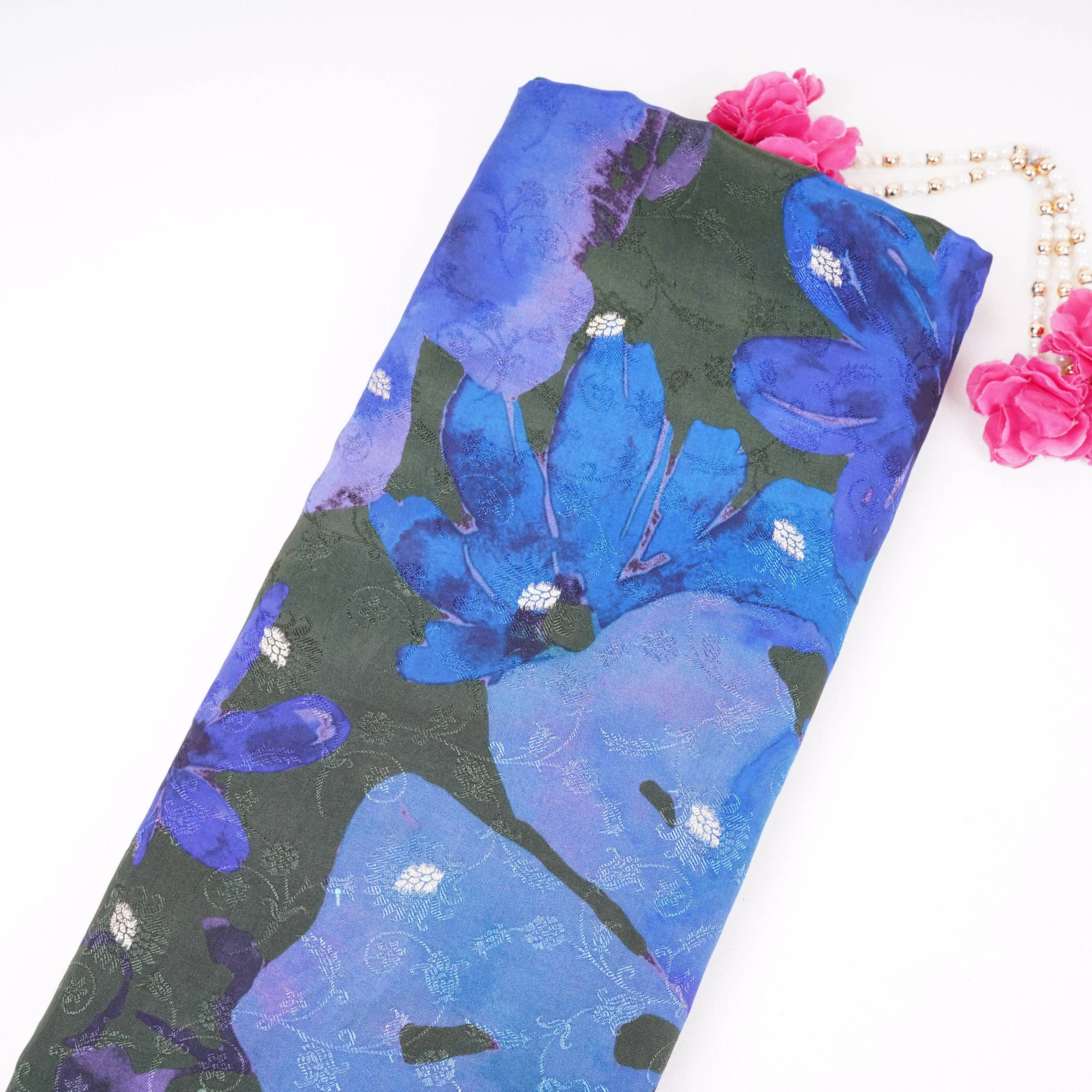 Bottle Green with Royal Blue Abstract zari jacquard Pure Bemberg Crepe Fabric MTF-31812 - TradeUNO