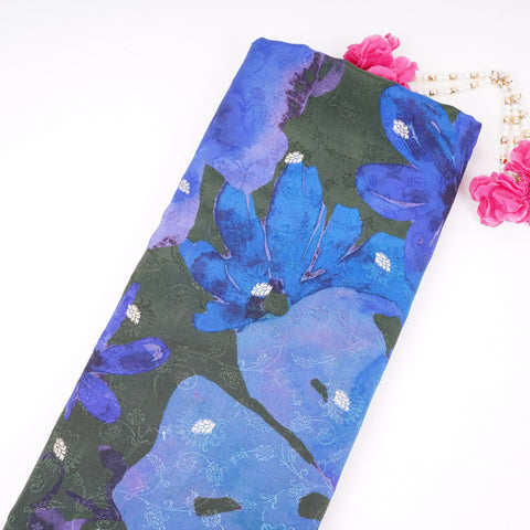 Bottle Green with Royal Blue Abstract zari jacquard Pure Bemberg Crepe Fabric MTF-31812