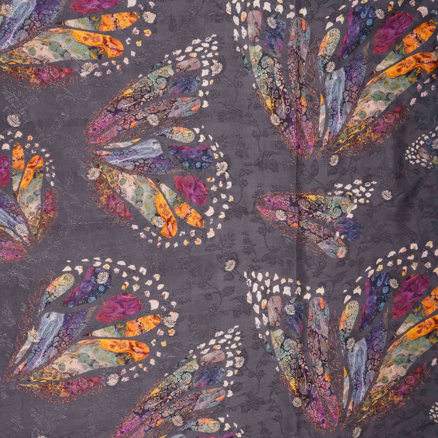 Charcoal Black Abstract zari jacquard Pure Bemberg Crepe Fabric MTF-31803