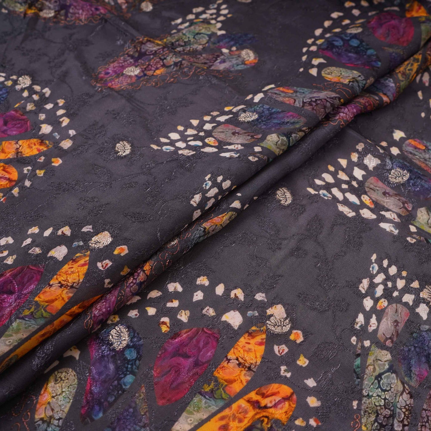 Charcoal Black Abstract zari jacquard Pure Bemberg Crepe Fabric MTF-31803
