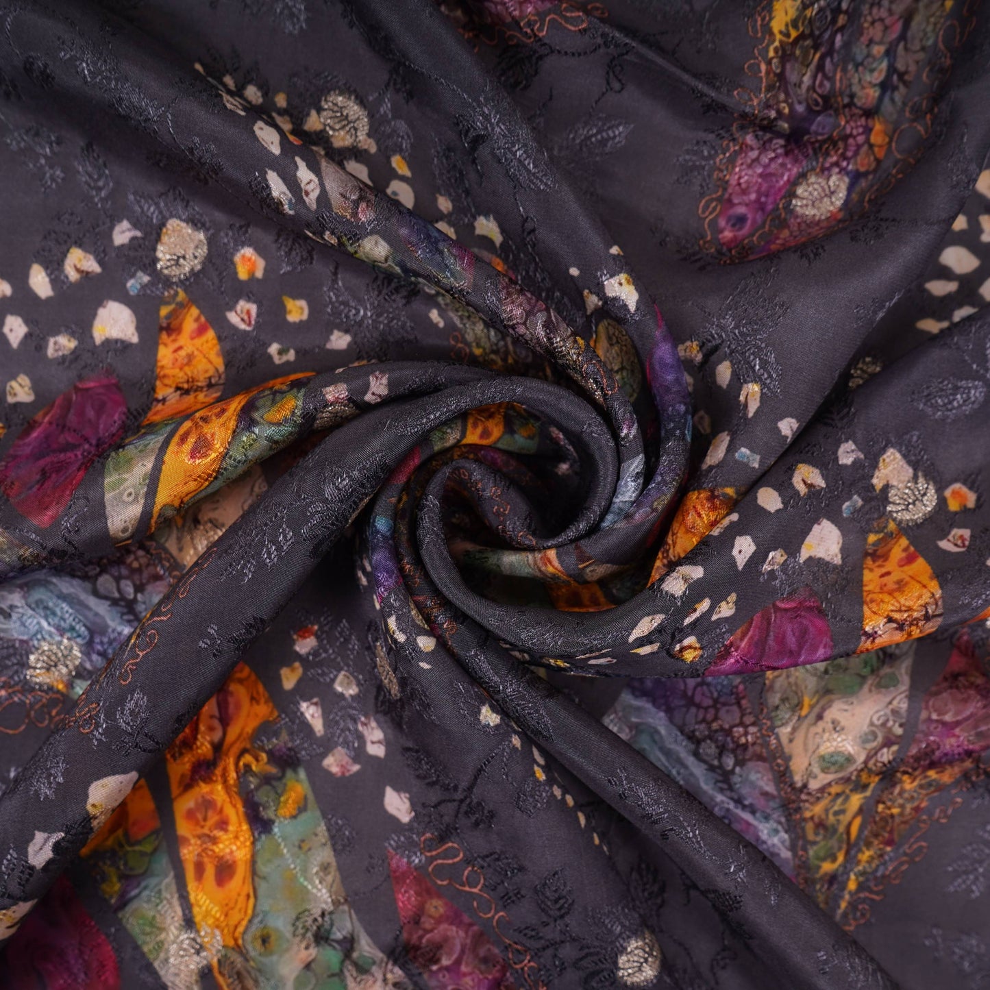 Charcoal Black Abstract zari jacquard Pure Bemberg Crepe Fabric MTF-31803