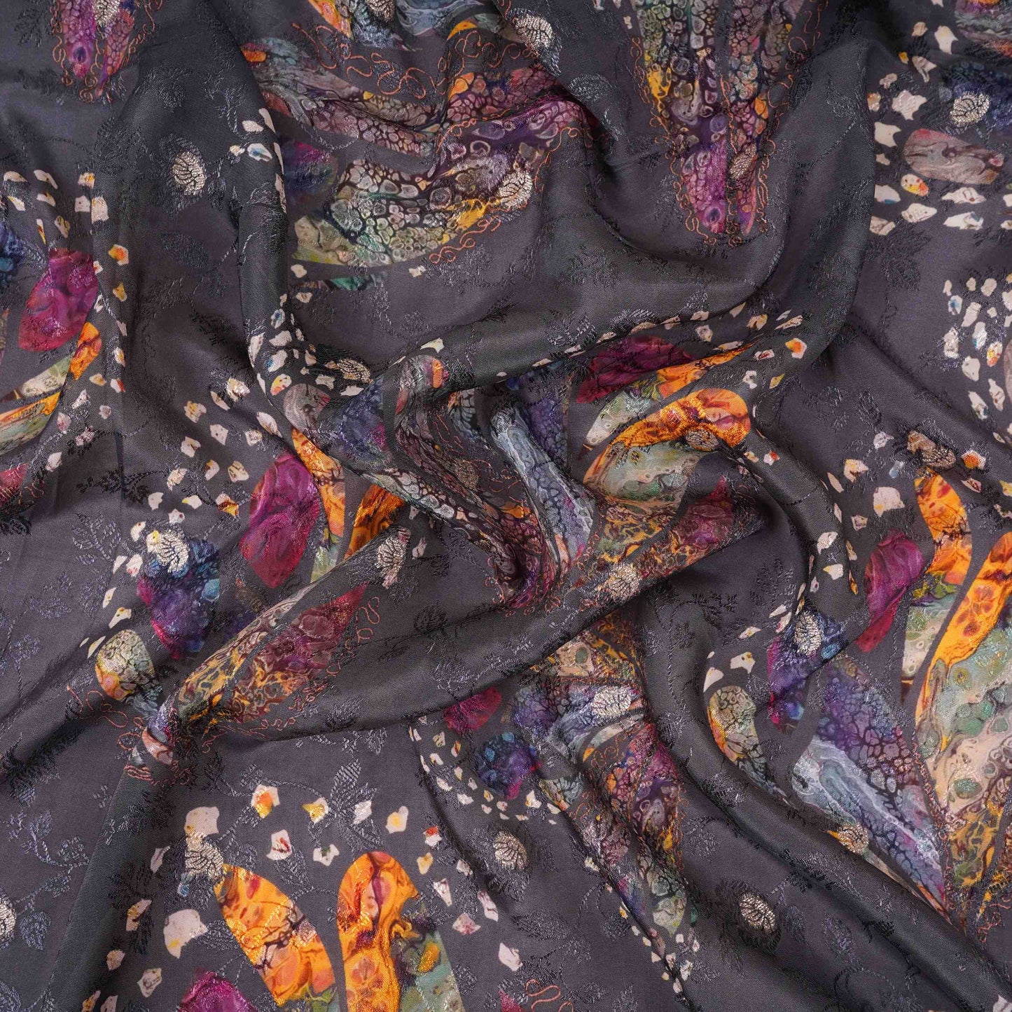 Charcoal Black Abstract zari jacquard Pure Bemberg Crepe Fabric MTF-31803
