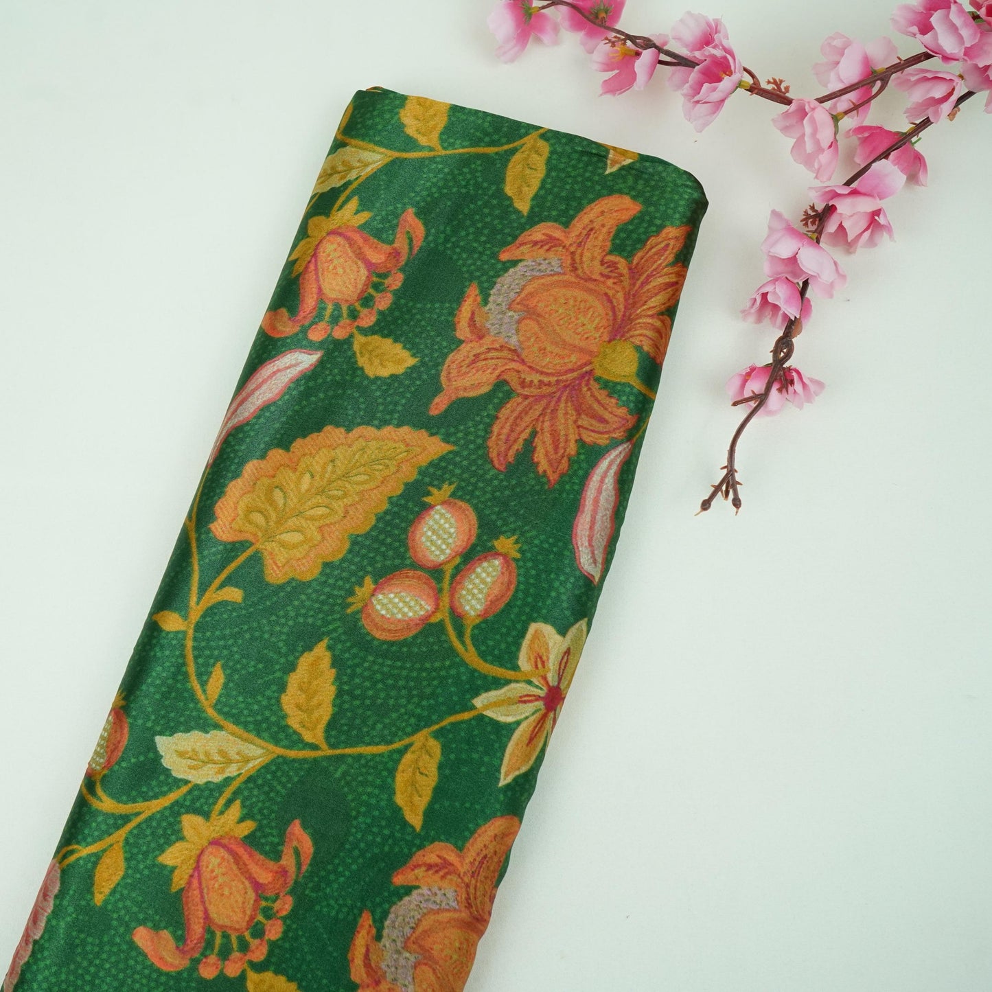 Bottle Green Chintz floral print Bemberg Modal Silk Fabric KTP-31406