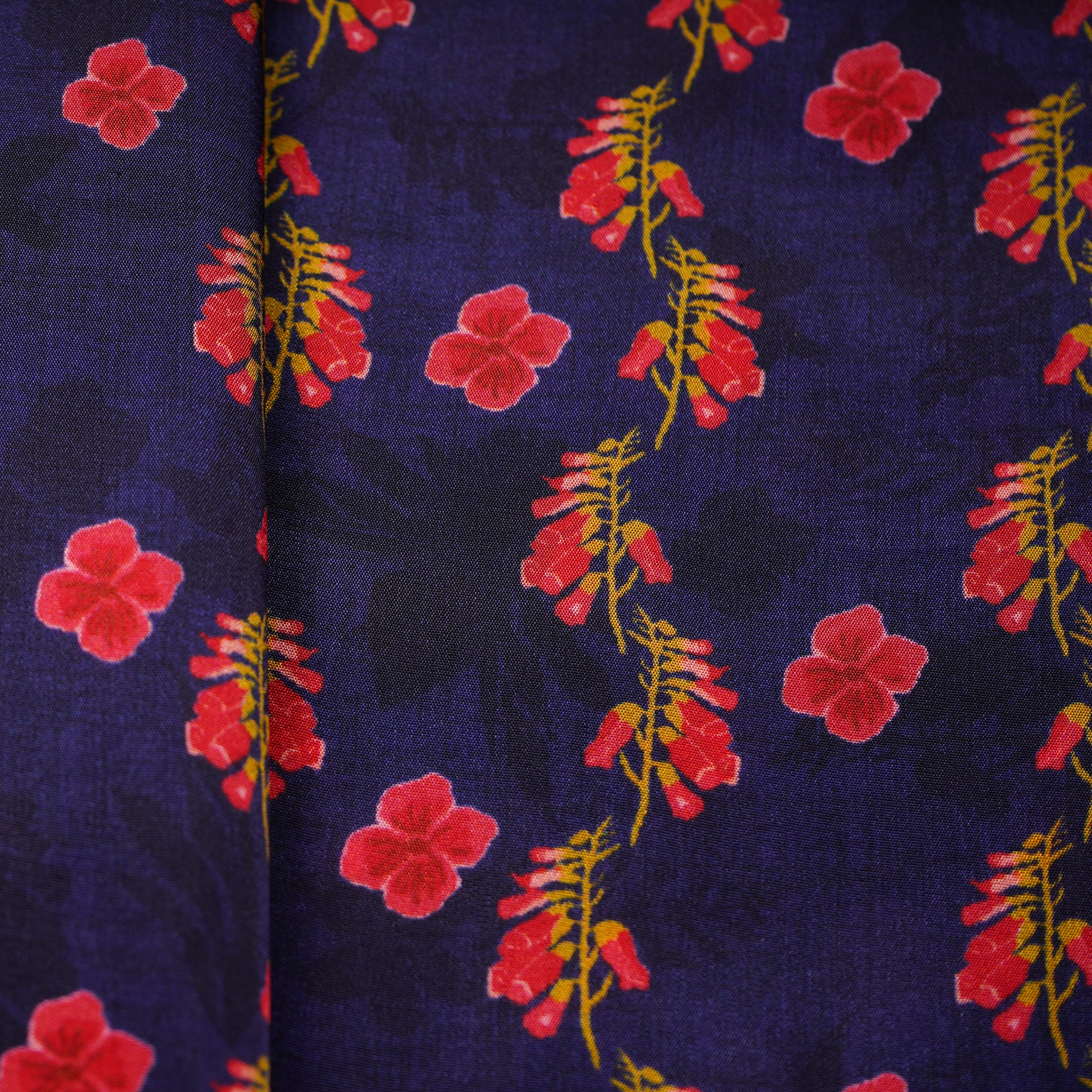 Navy Blue Floral Print Natural Crepe Fabric 21248