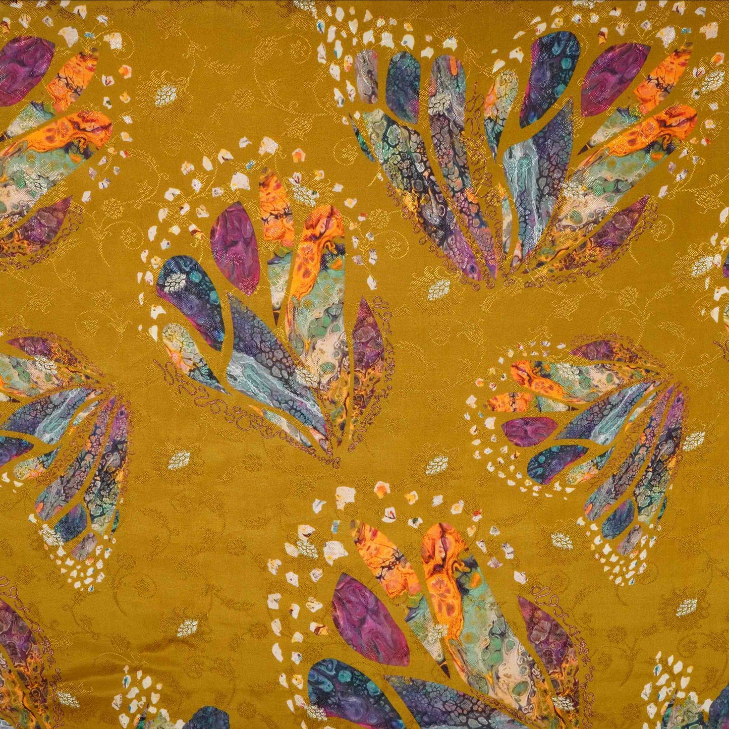 Mustard Abstract zari jacquard Pure Bemberg Crepe Fabric MTF-31802