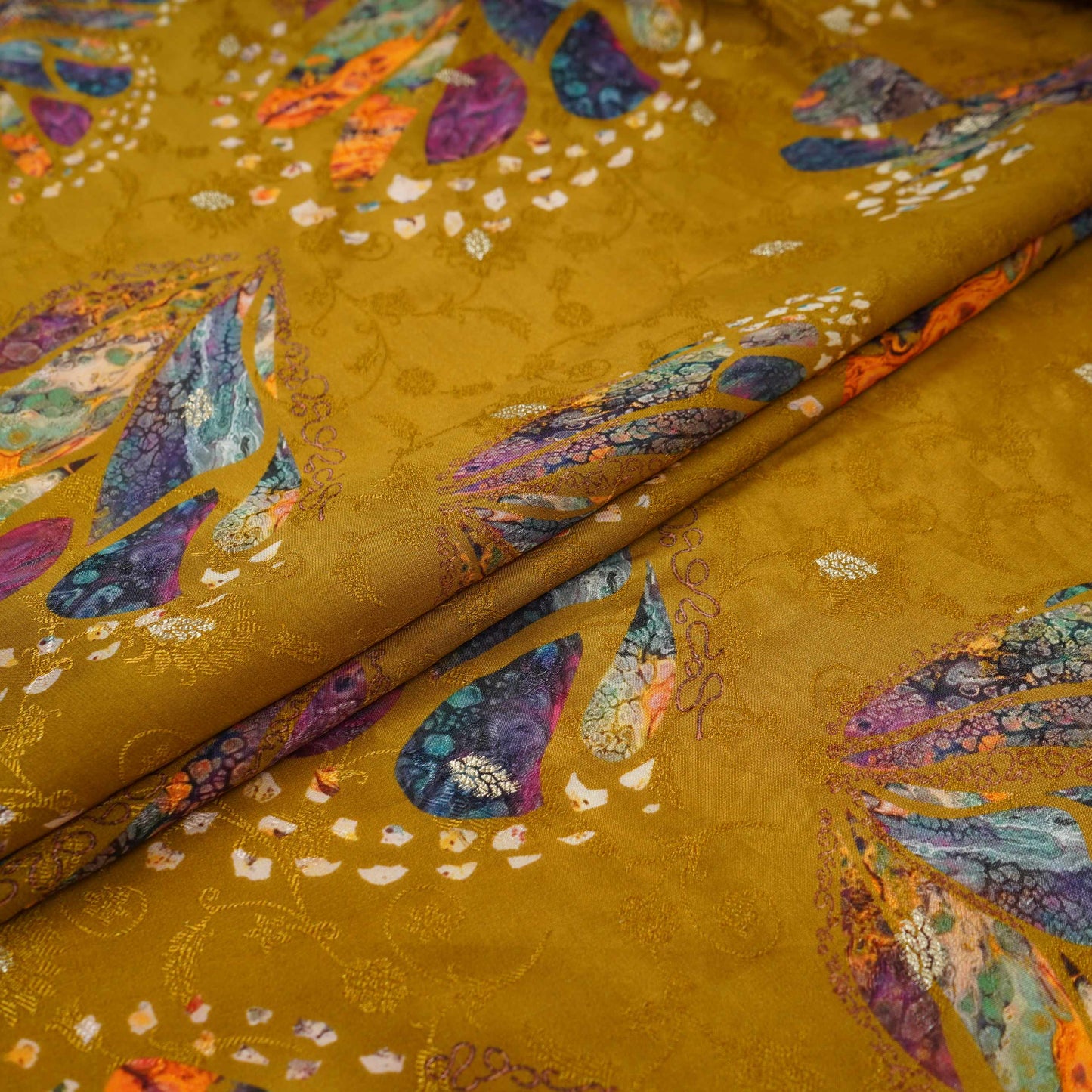 Mustard Abstract zari jacquard Pure Bemberg Crepe Fabric MTF-31802