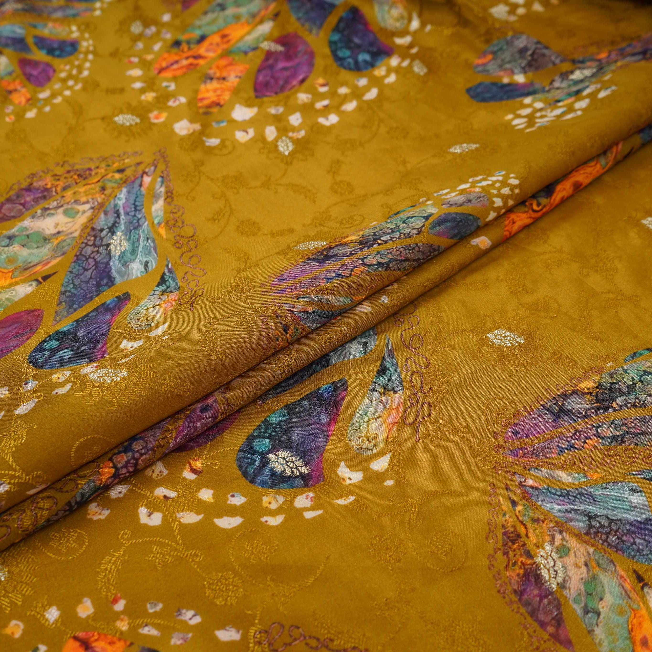 Mustard Abstract zari jacquard Pure Bemberg Crepe Fabric MTF-31802 - TradeUNO