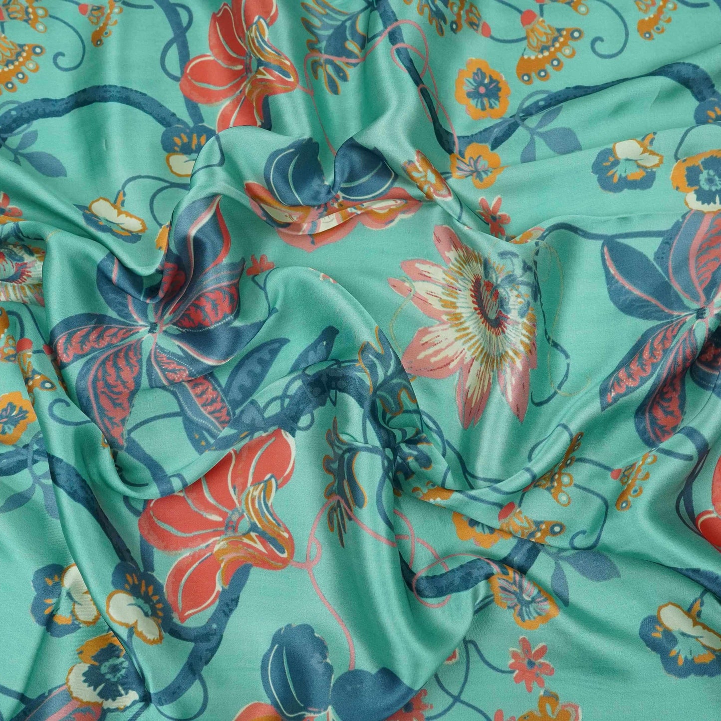 Ice Blue floral print Bemberg Modal Silk Fabric KTP-31424