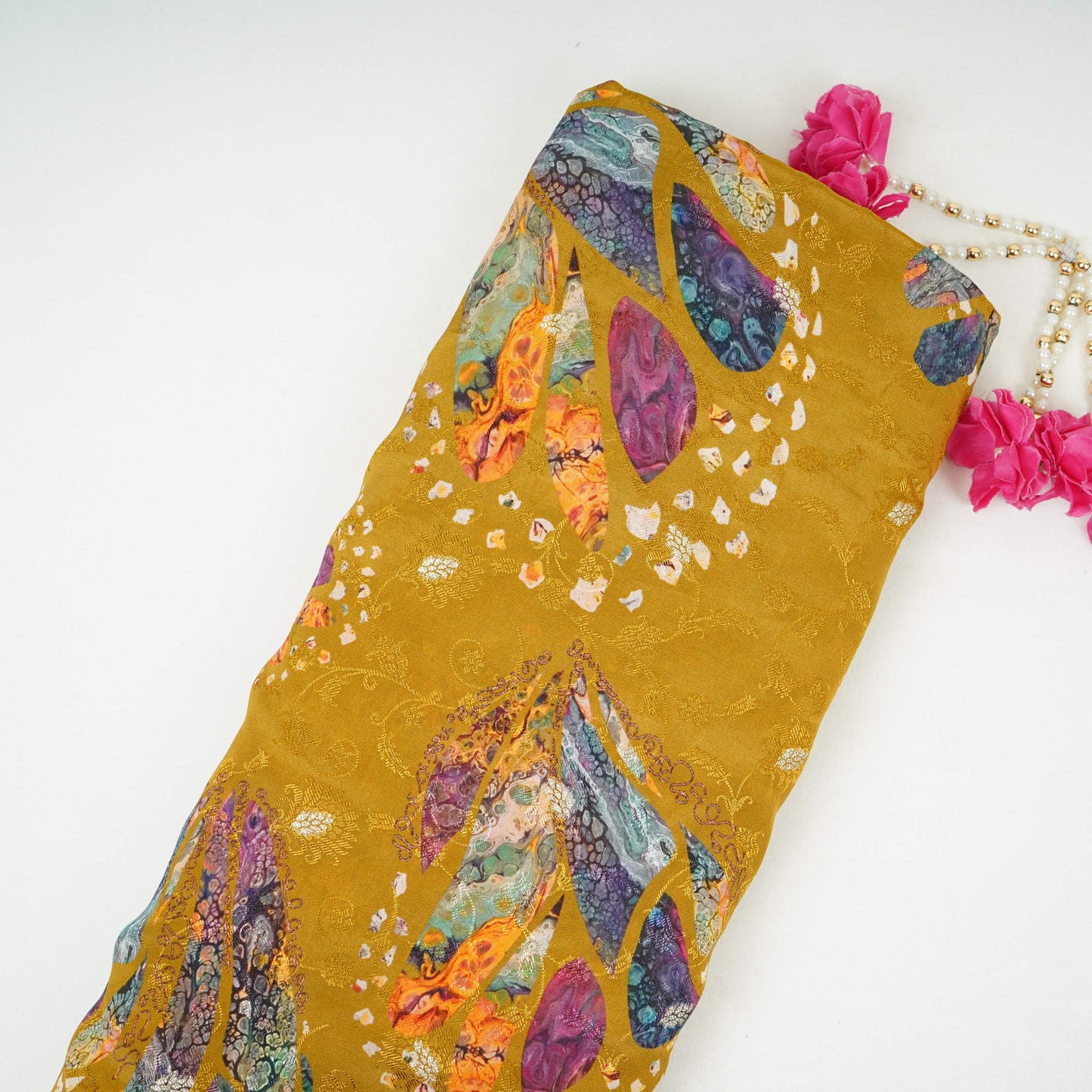 Mustard Abstract zari jacquard Pure Bemberg Crepe Fabric MTF-31802