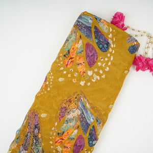Mustard Abstract zari jacquard Pure Bemberg Crepe Fabric MTF-31802 - TradeUNO