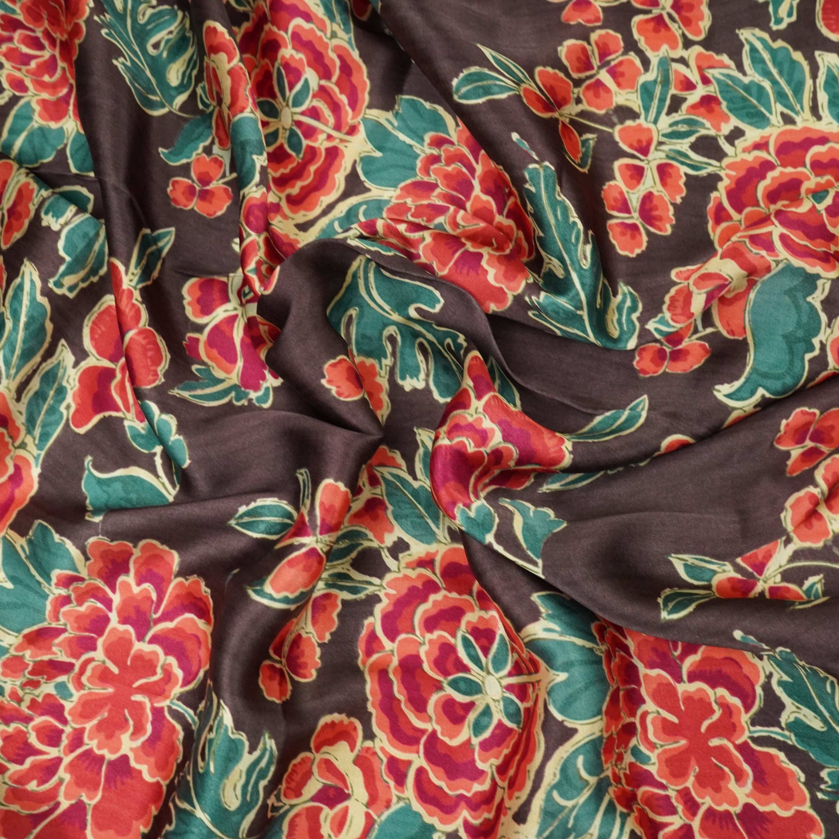 Dark Plum floral print Bemberg Modal Silk Fabric KTP-31439 - TradeUNO