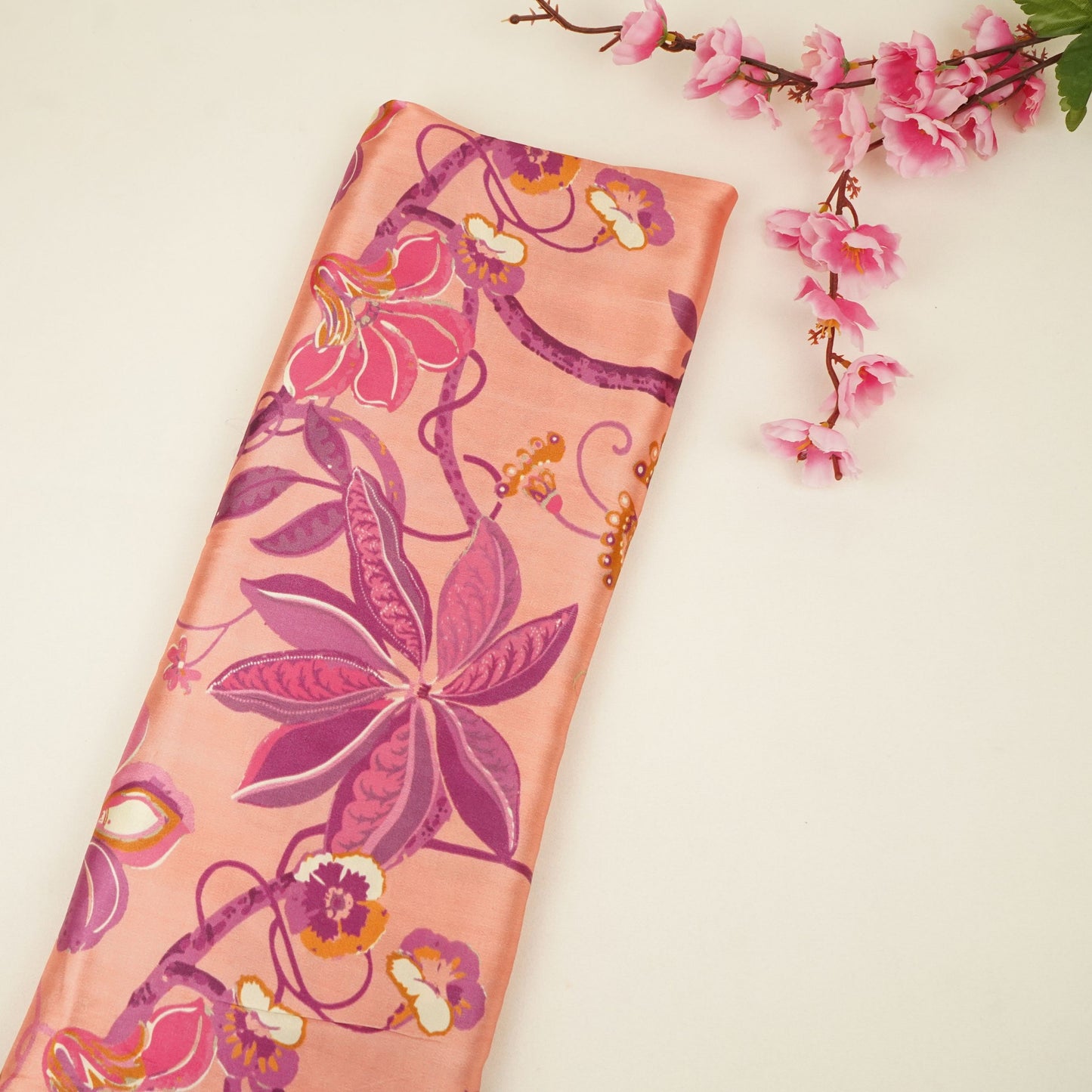 Peach floral print Bemberg Modal Silk Fabric KTP-31411