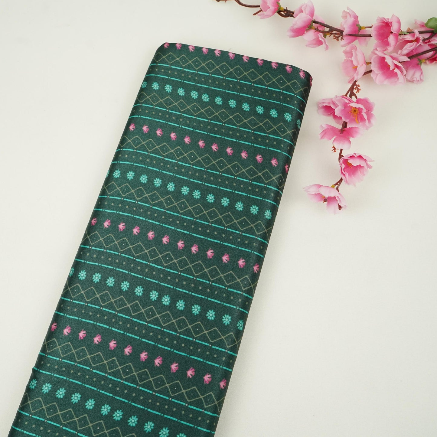 Bottle Green Geometrical stripes Bemberg Modal Silk Fabric KTP-31402