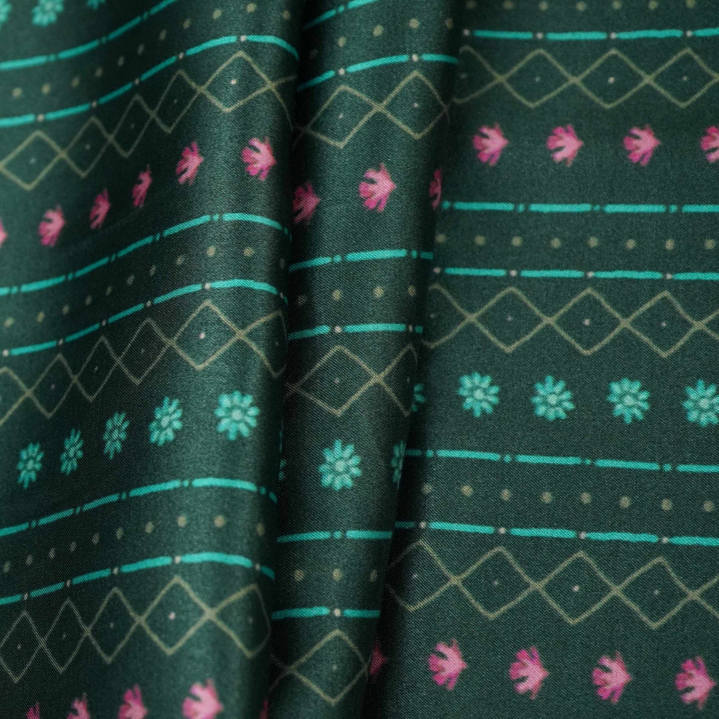 Bottle Green Geometrical stripes Bemberg Modal Silk Fabric KTP-31402